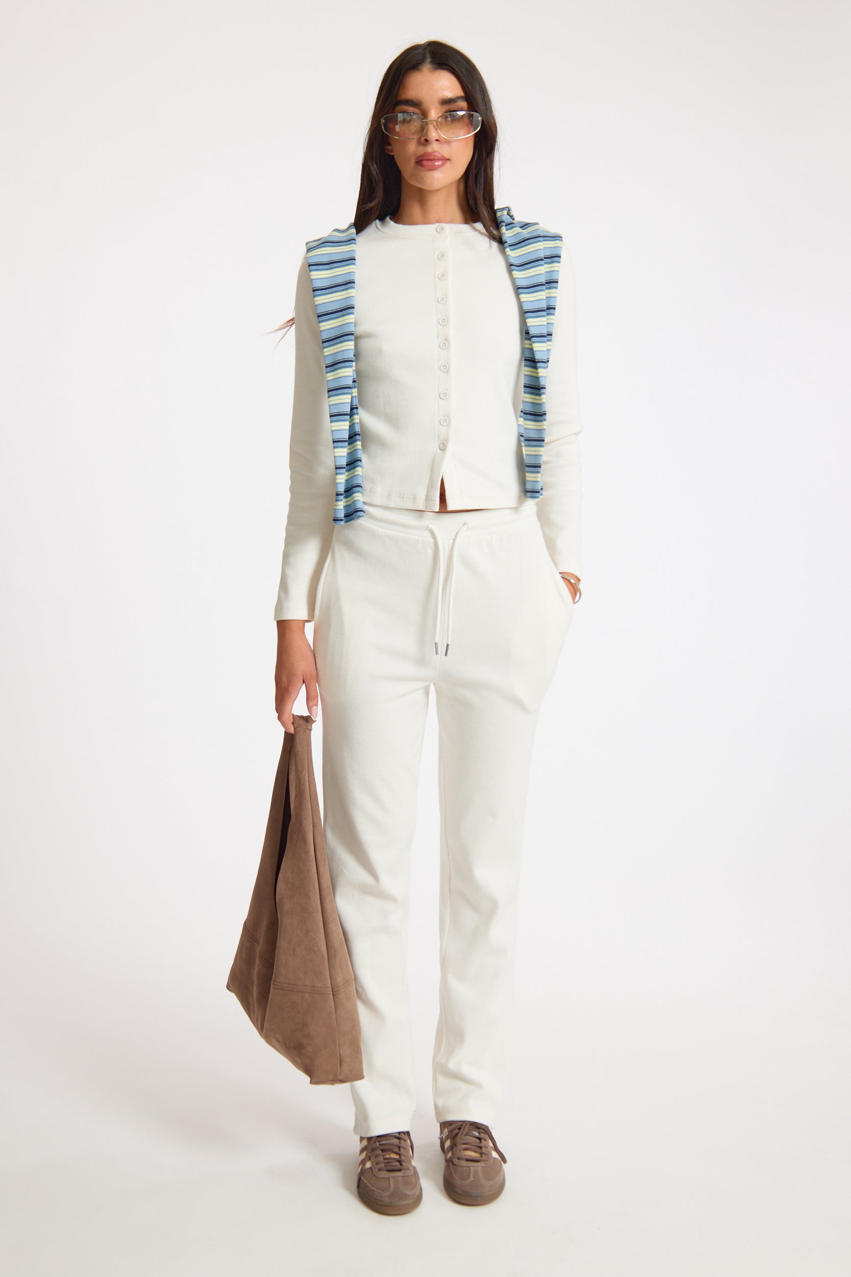 Cream Long Sleeve Ribbed Button Up Top