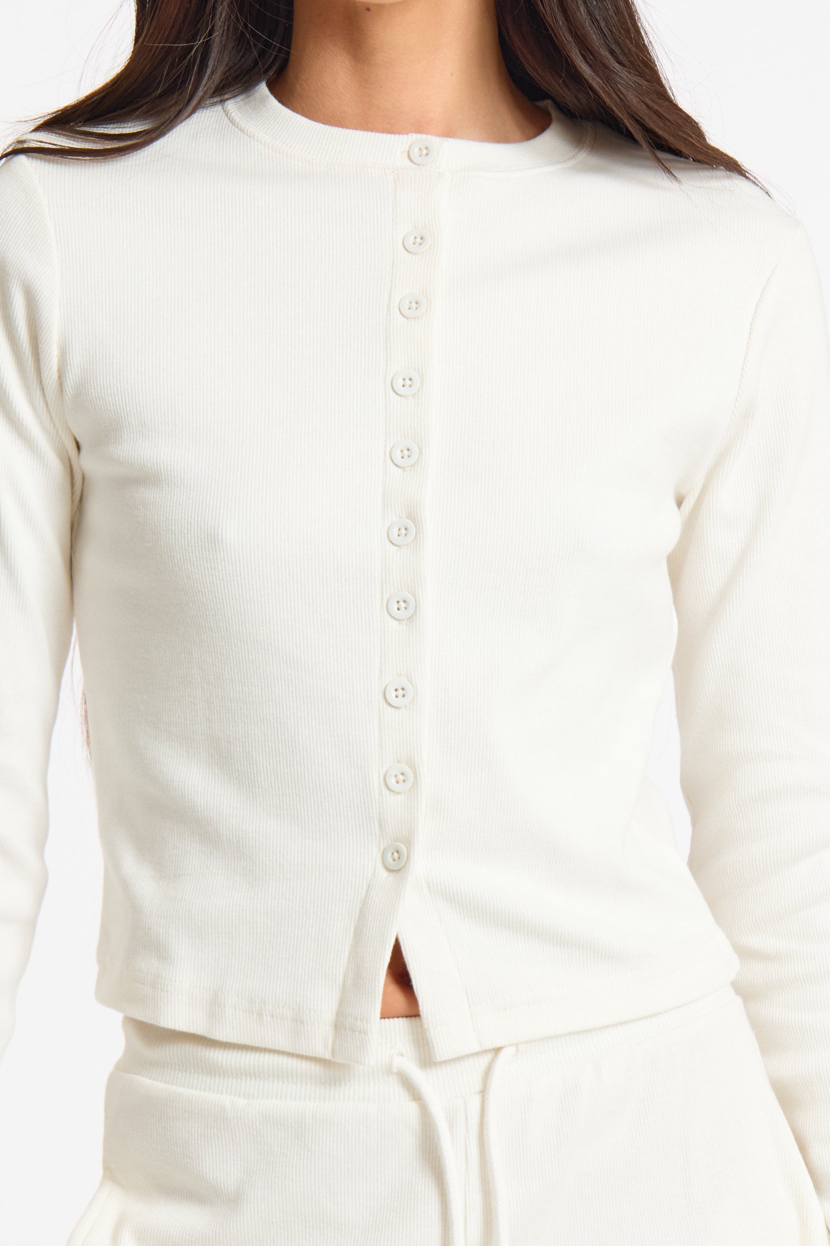 Cream Long Sleeve Ribbed Button Up Top
