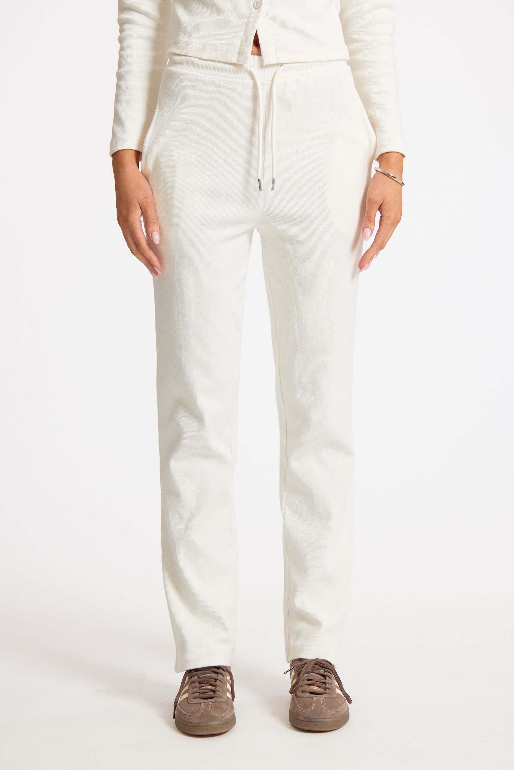 Cream Ribbed Slouch Fit Adjustable Waist Jogger