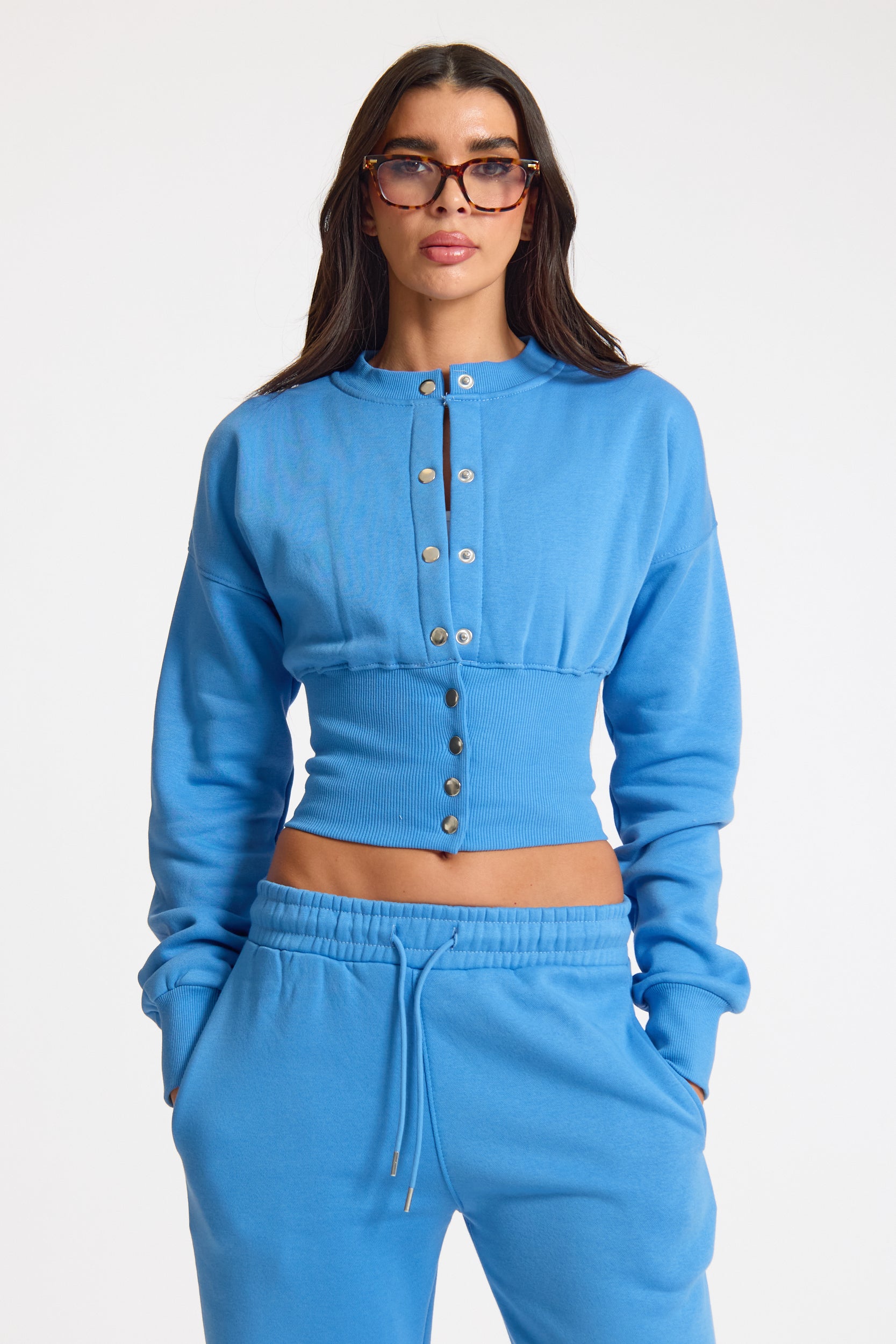 Cobalt Blue Popper Button Ribbed Waist Sweatshirt