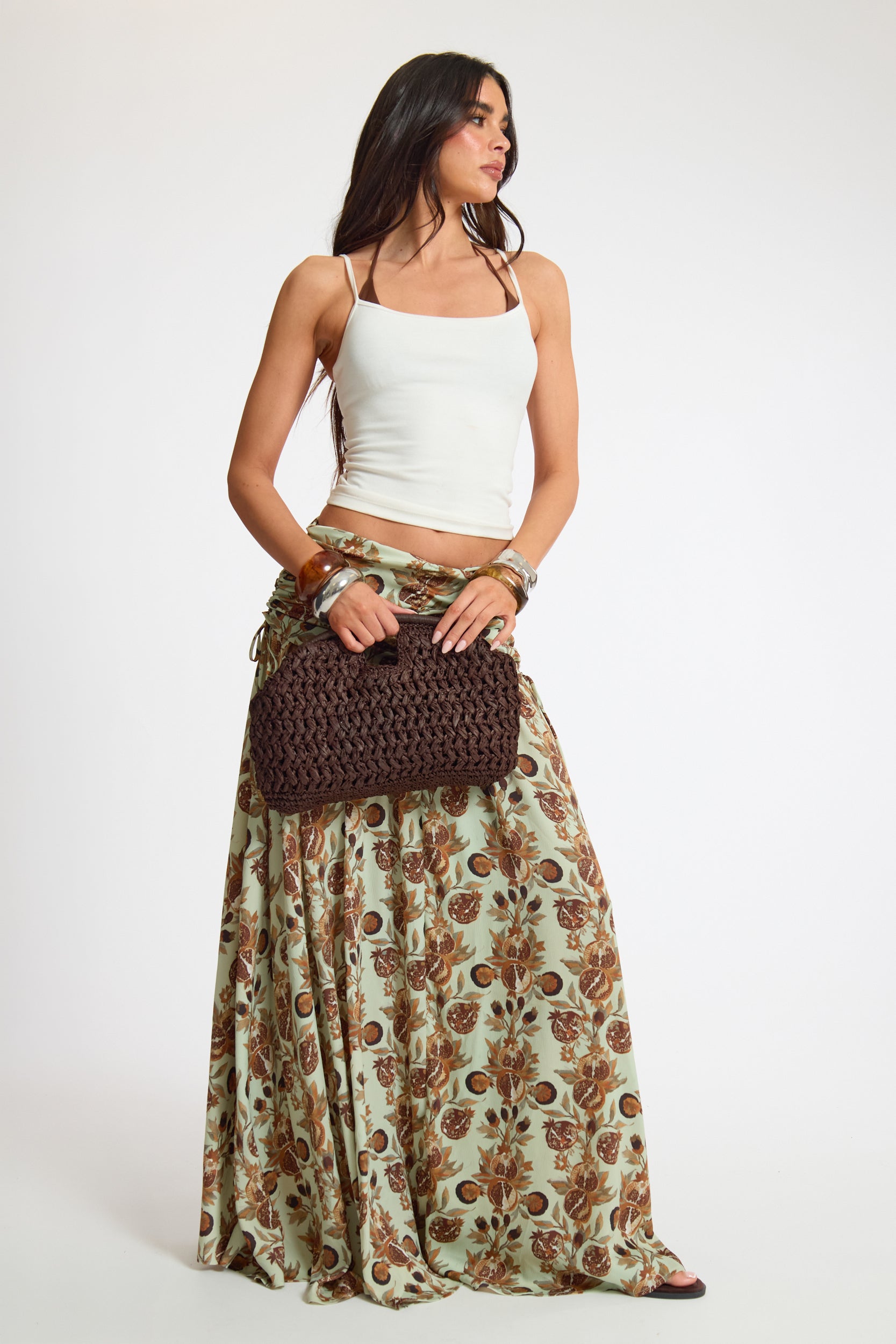 Woven Printed Ruched Fold Over Floaty Maxi Skirt