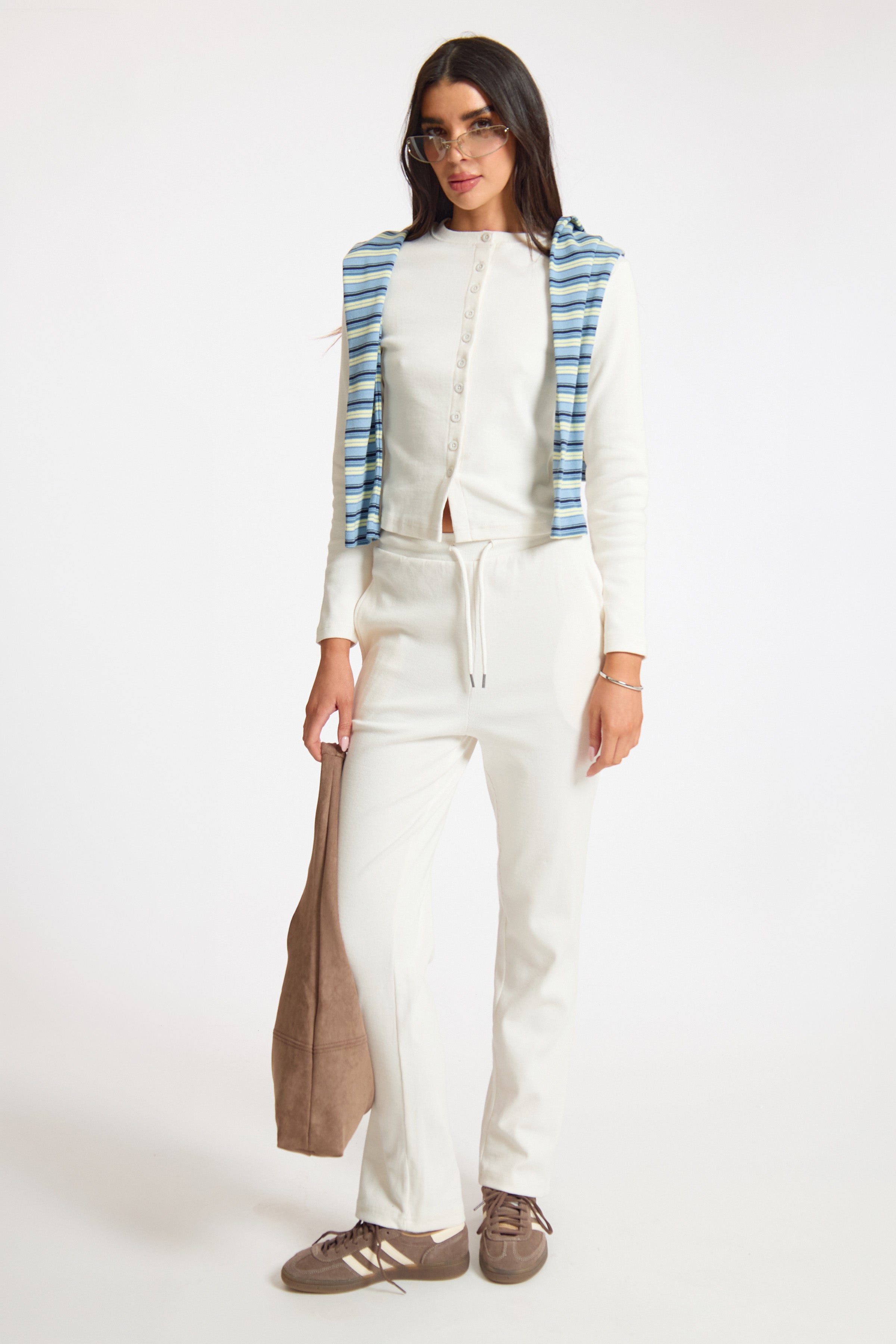 Cream Ribbed Slouch Fit Adjustable Waist Jogger