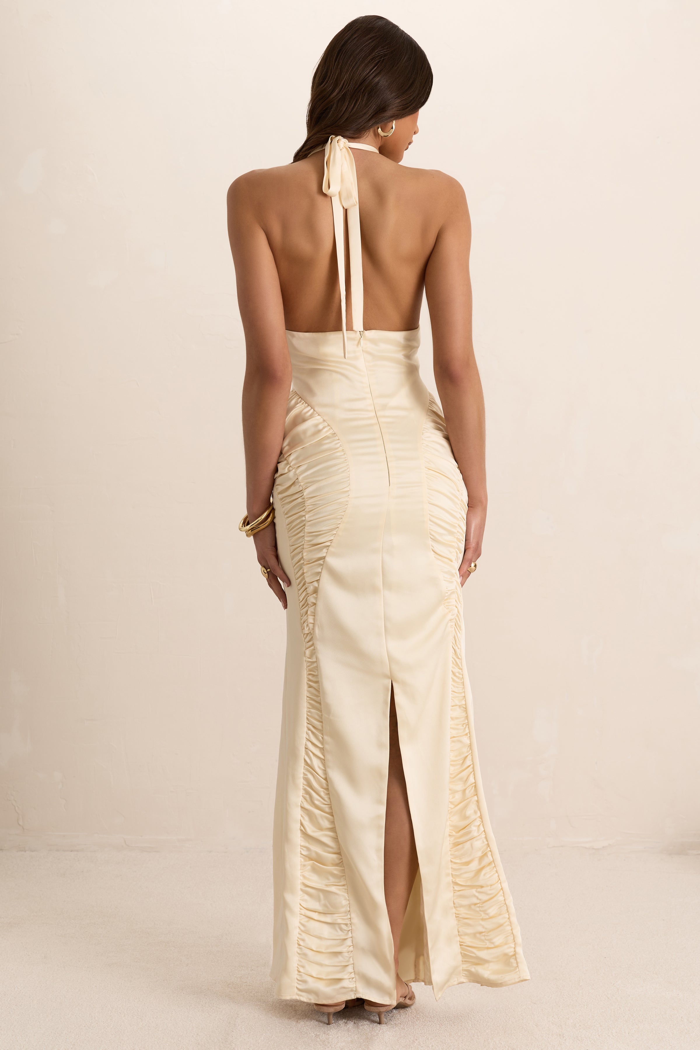 Cream Satin Ruched Plunge Maxi Dress