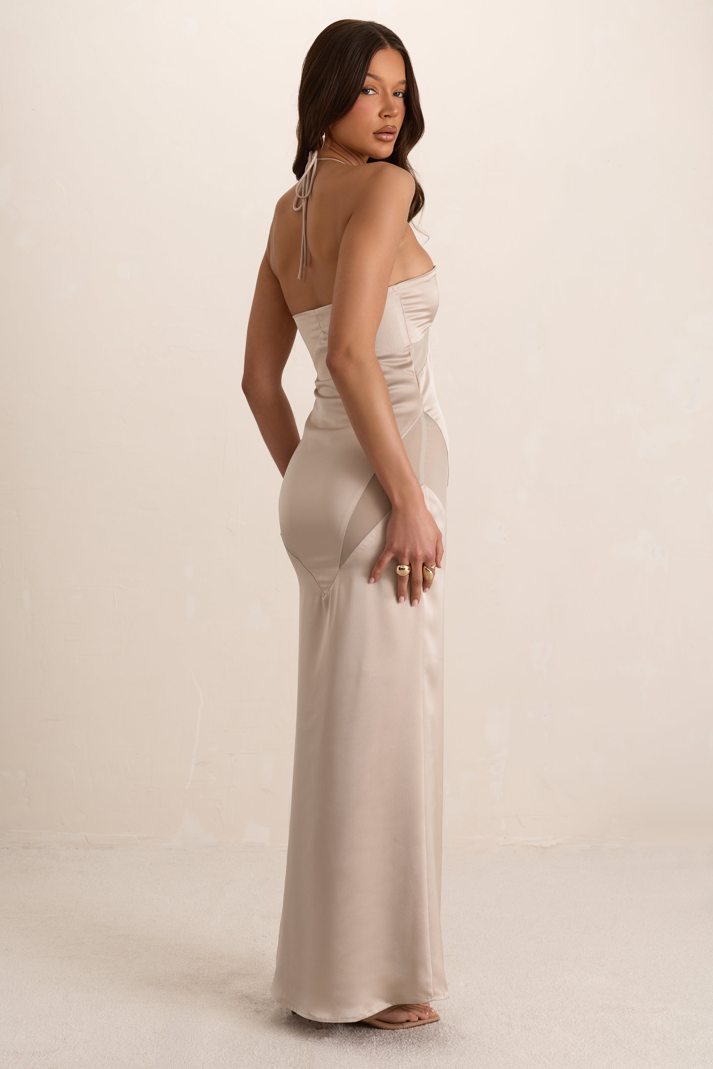Champagne Mesh Panelled Maxi Dress
