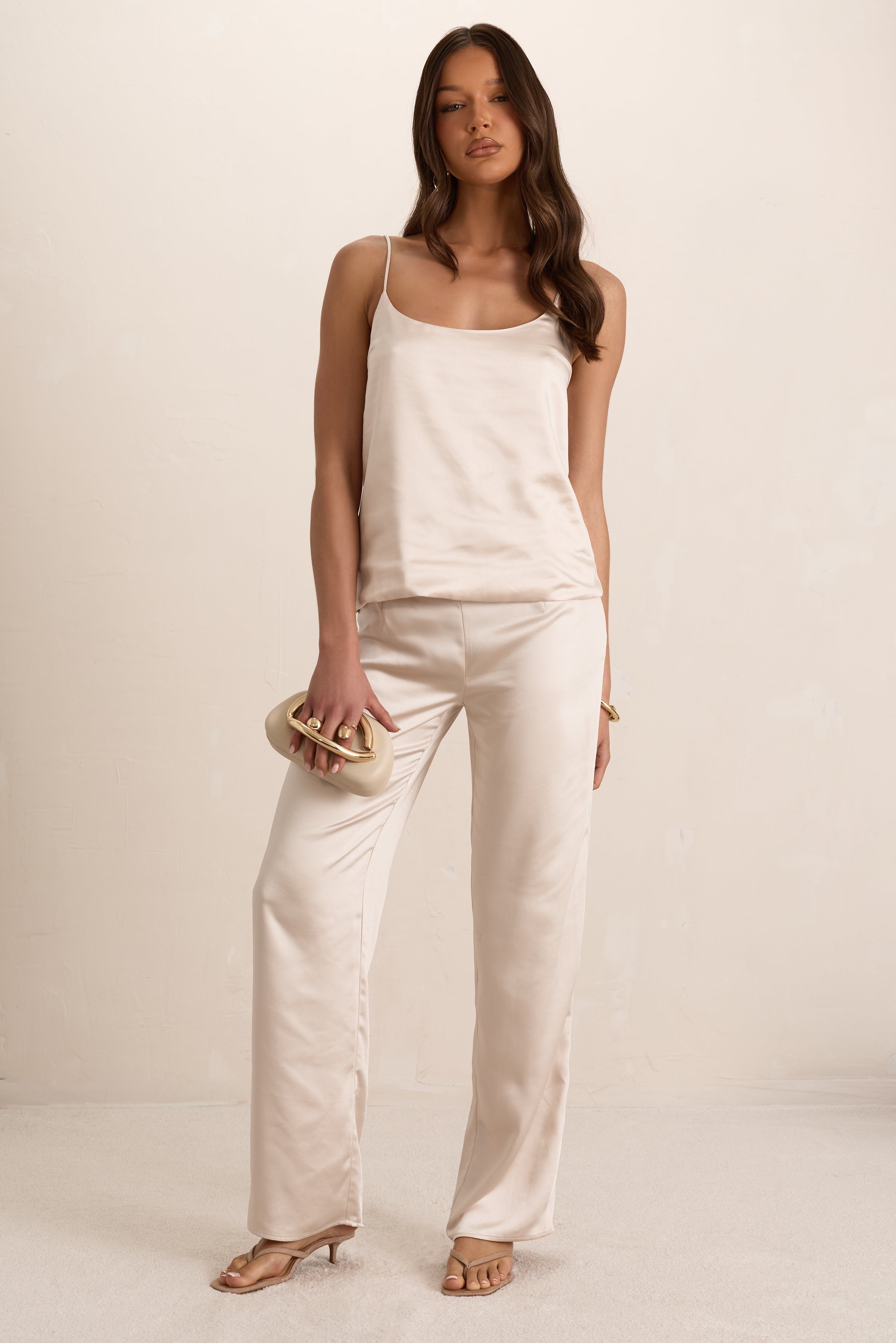 Cream Butter Satin Tailored Straight Leg Trouser