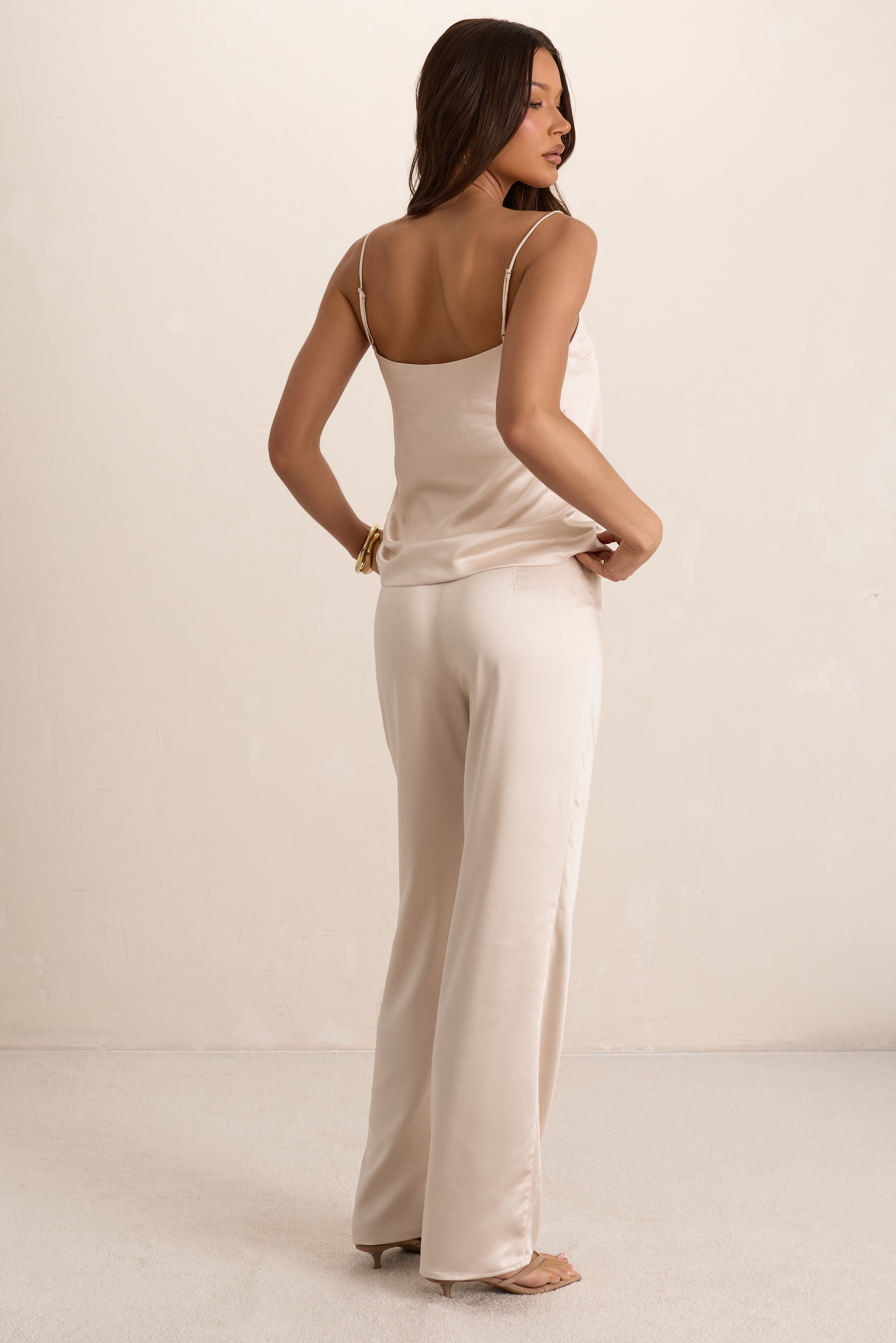 Cream Butter Satin Tailored Straight Leg Trouser
