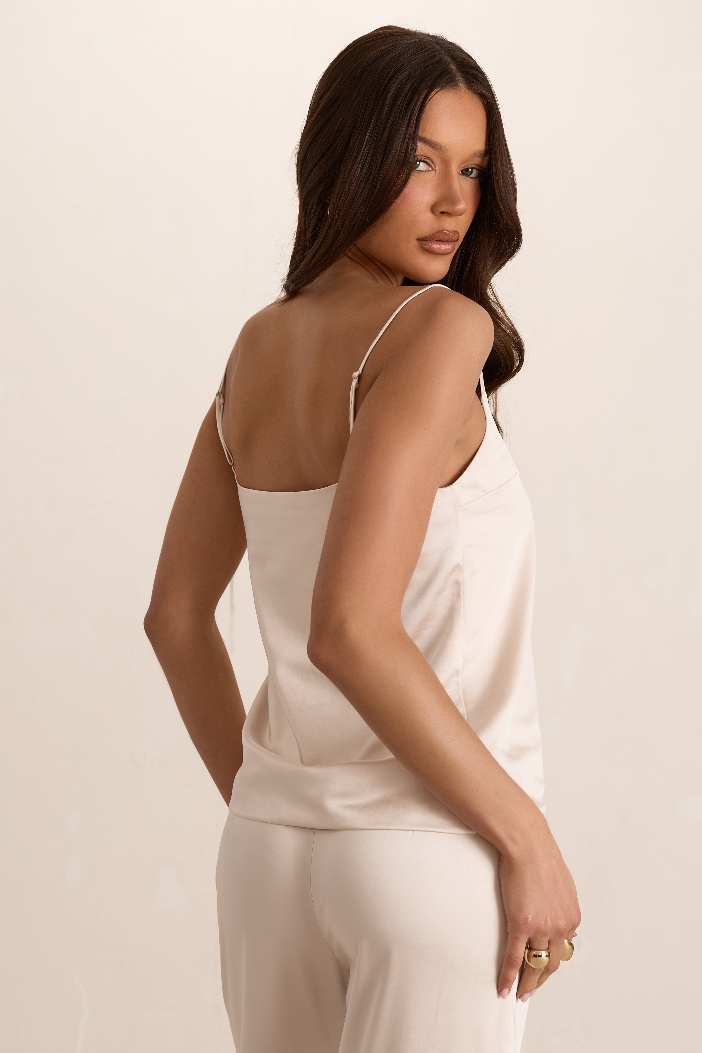 Cream Butter Satin Scoop Neck Loose Fit Cami Top