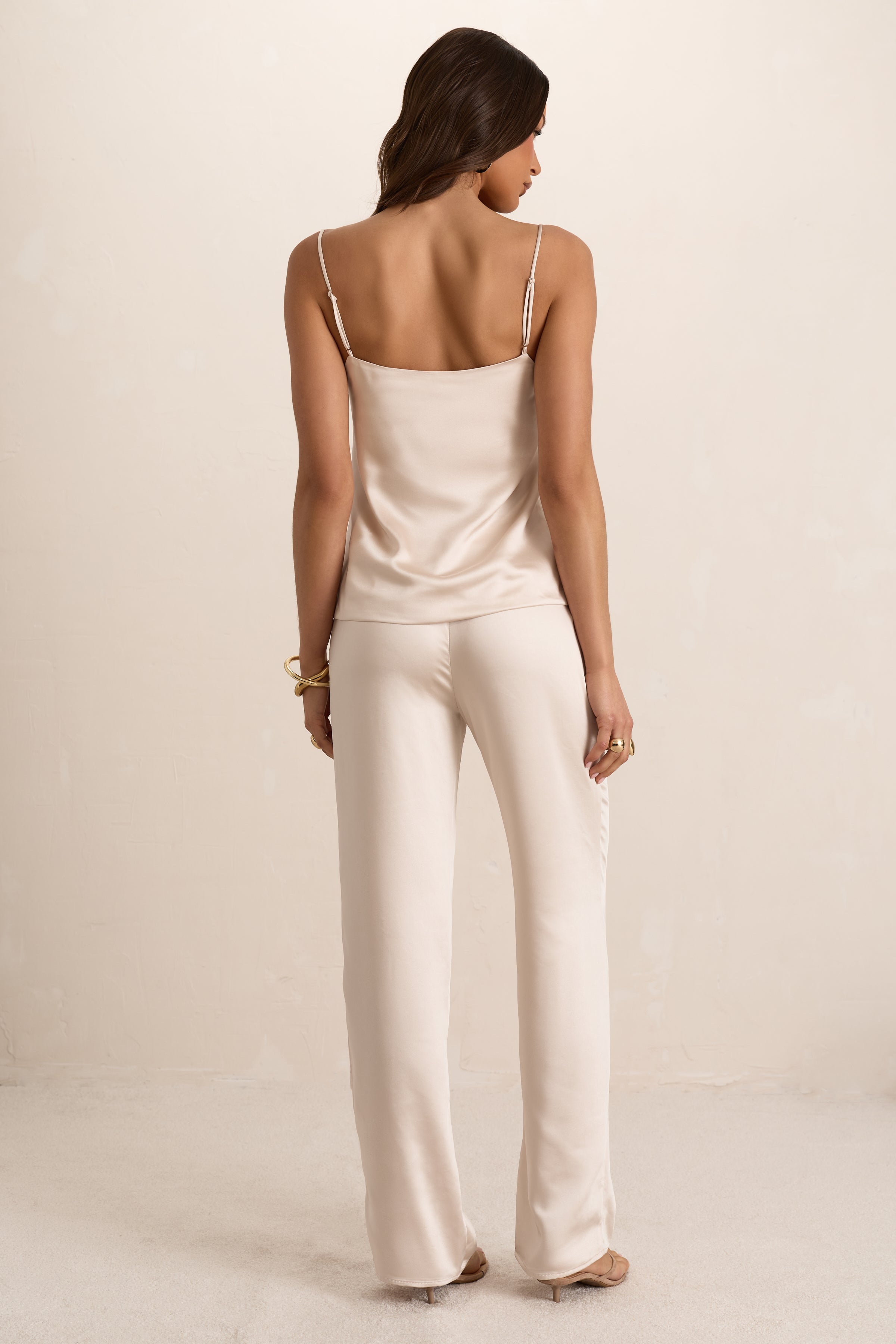 Cream Butter Satin Tailored Straight Leg Trouser