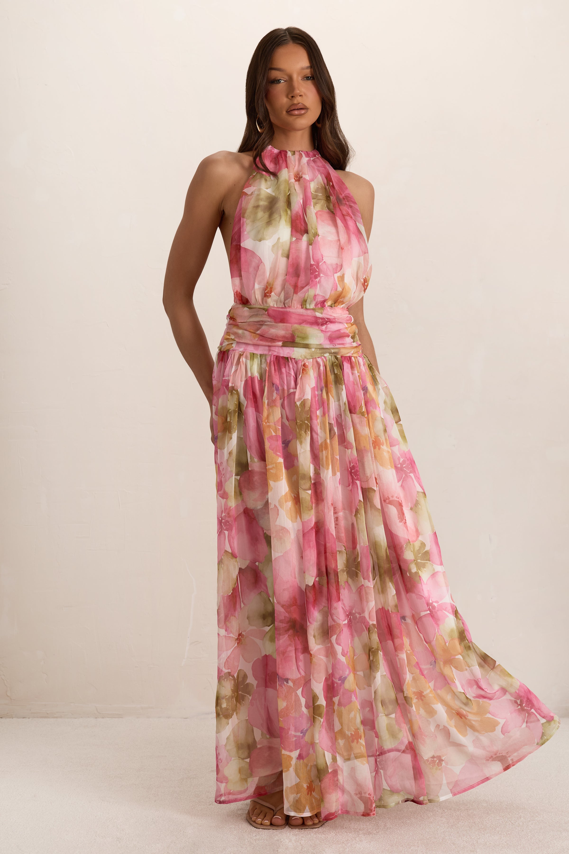 Pink Woven Floral Ruched Backless Maxi Dress