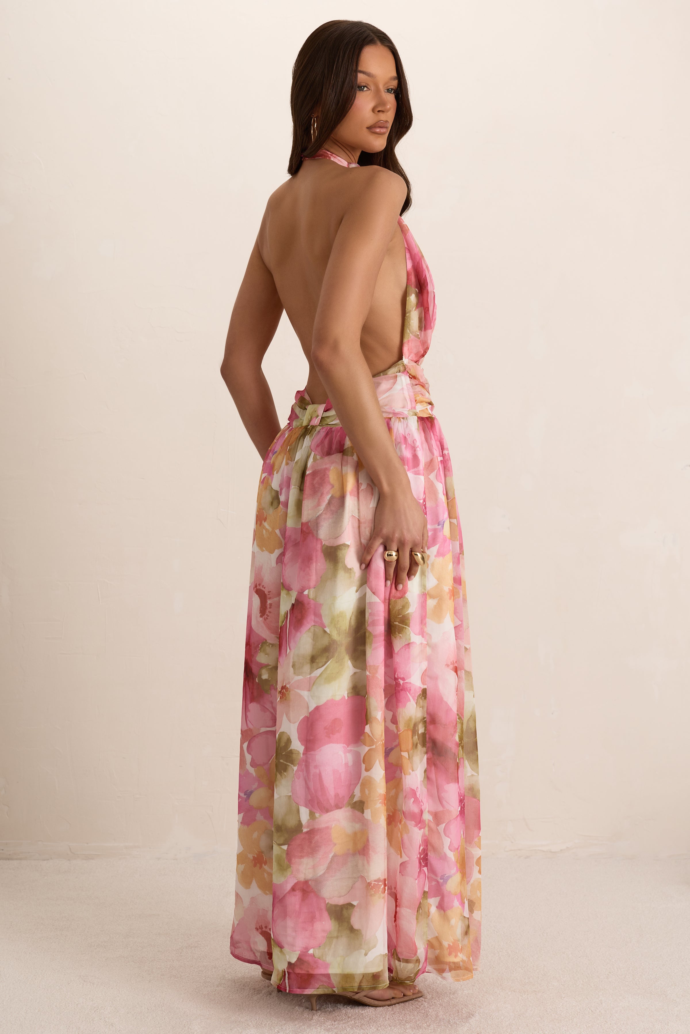 Pink Woven Floral Ruched Backless Maxi Dress