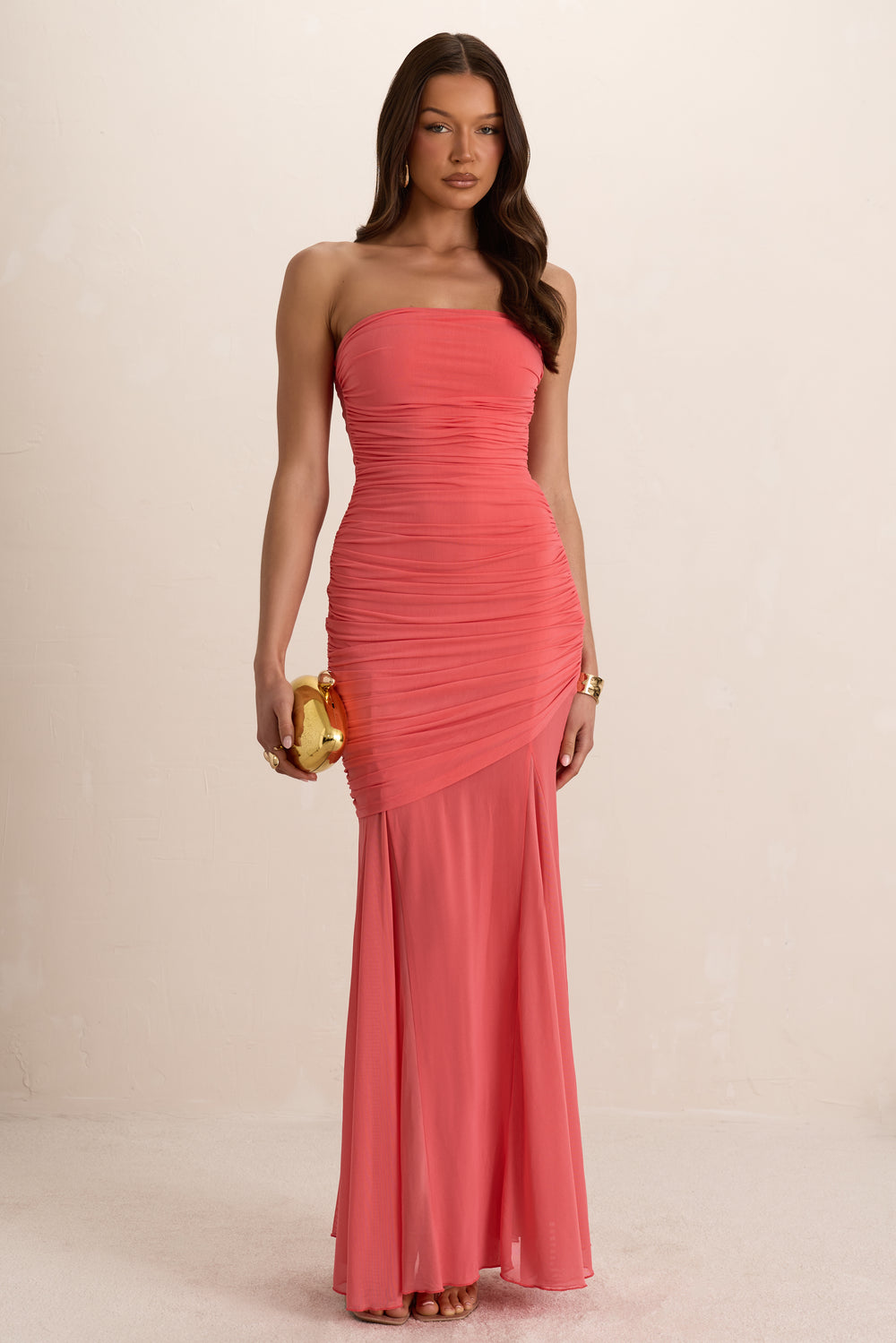 Coral Double Layer Ruched Drape Maxi Dress