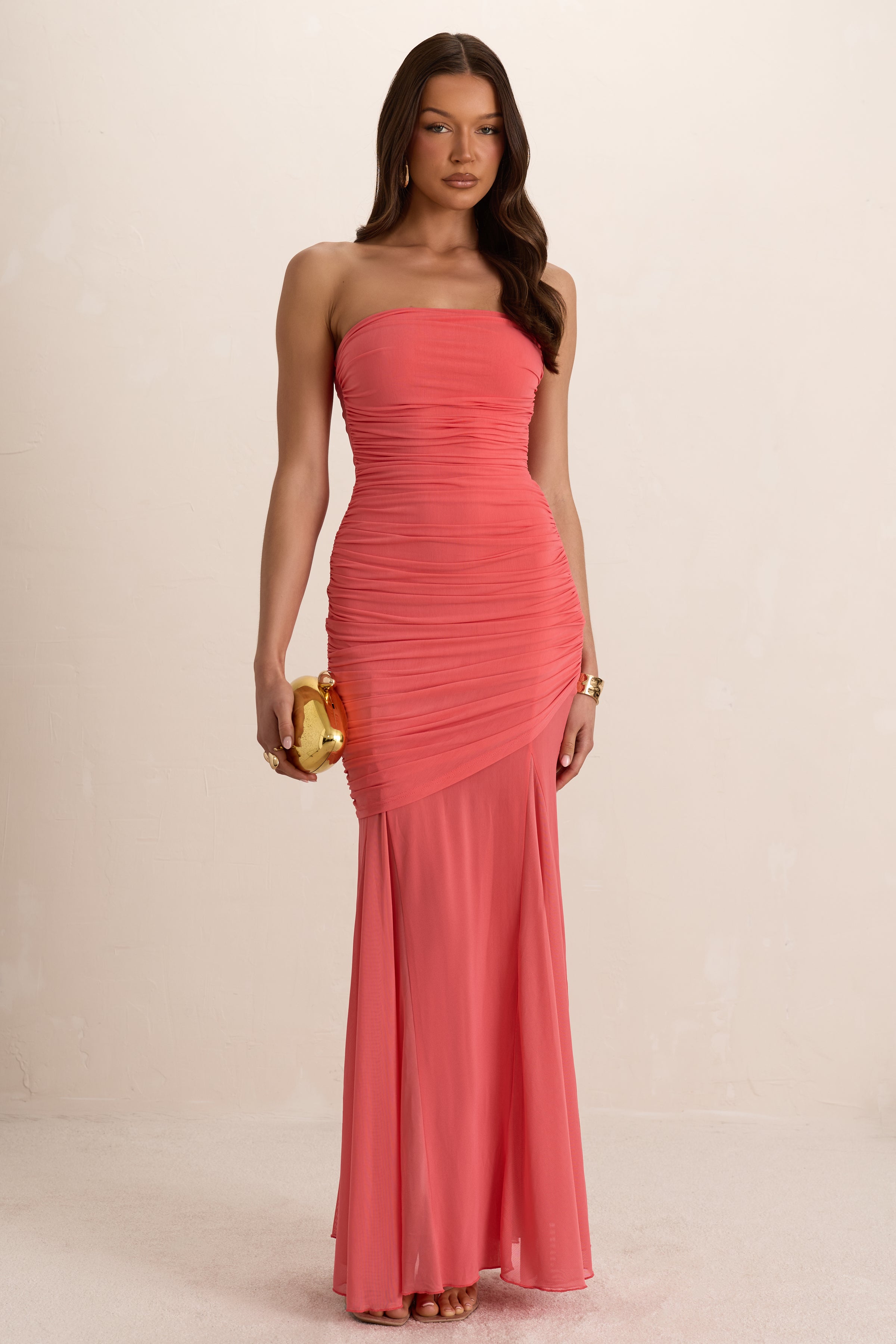 Coral Double Layer Ruched Drape Maxi Dress