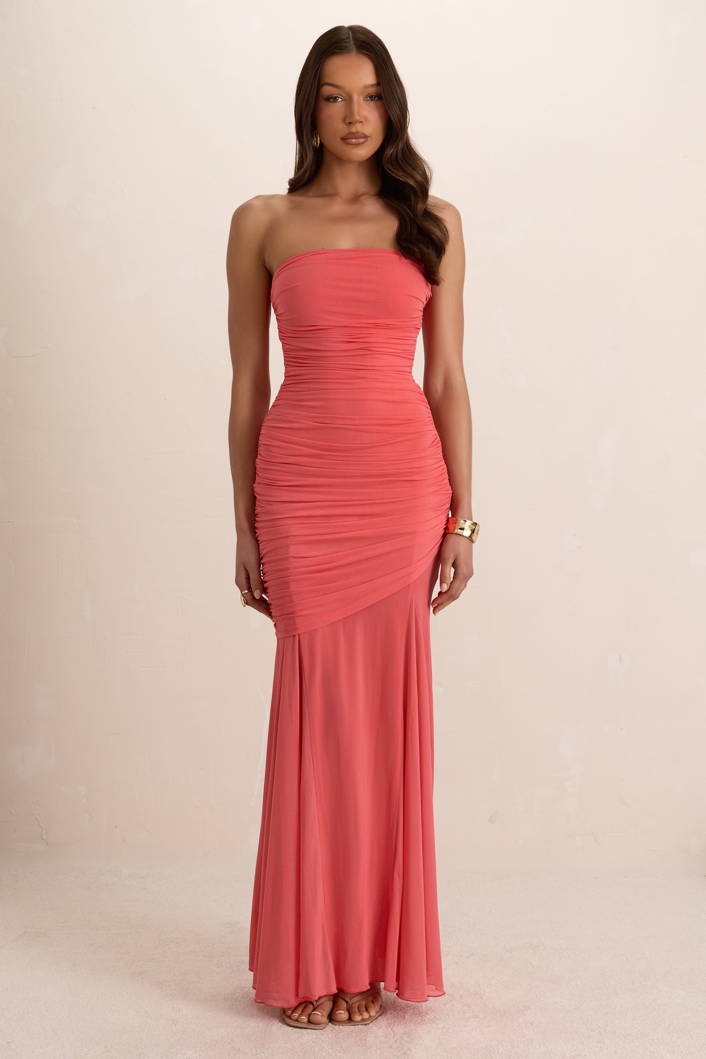 Coral Double Layer Ruched Drape Maxi Dress