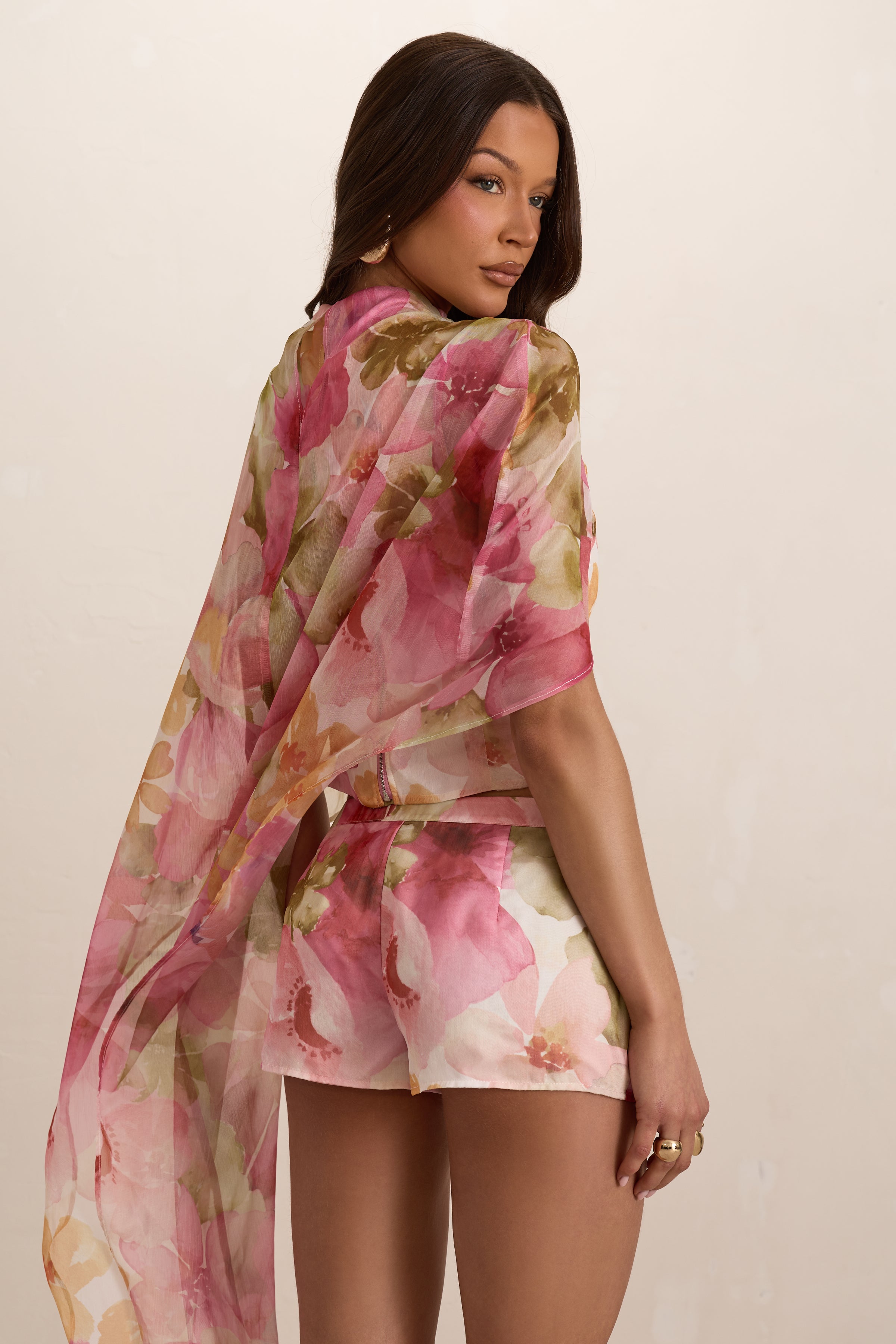Pink Woven Floral Cape Ruched Floaty Top