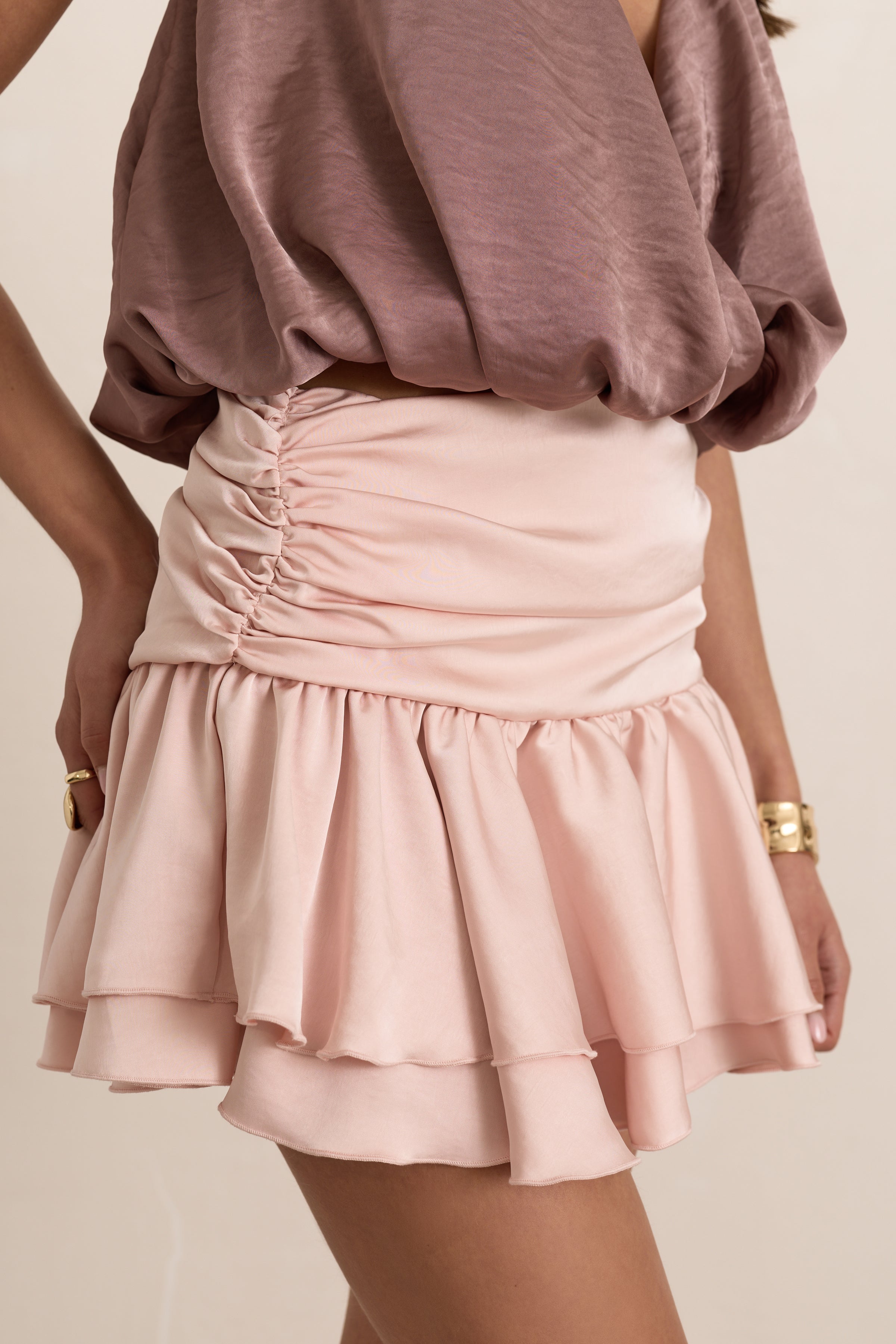 Pink Satin Ruffle Mini Skirt