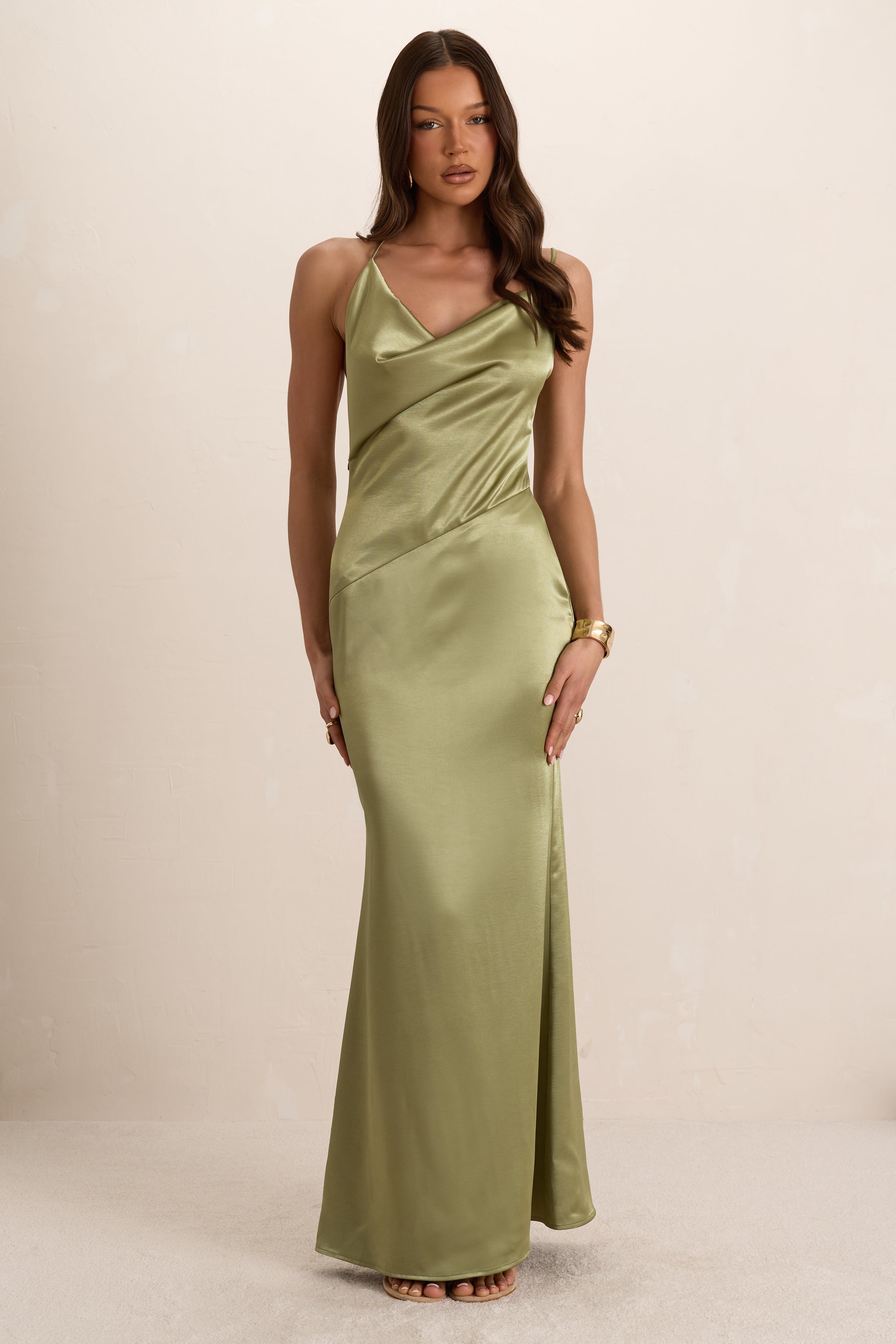 Green Satin Asymmetrical Cowl Seam Maxi Dress