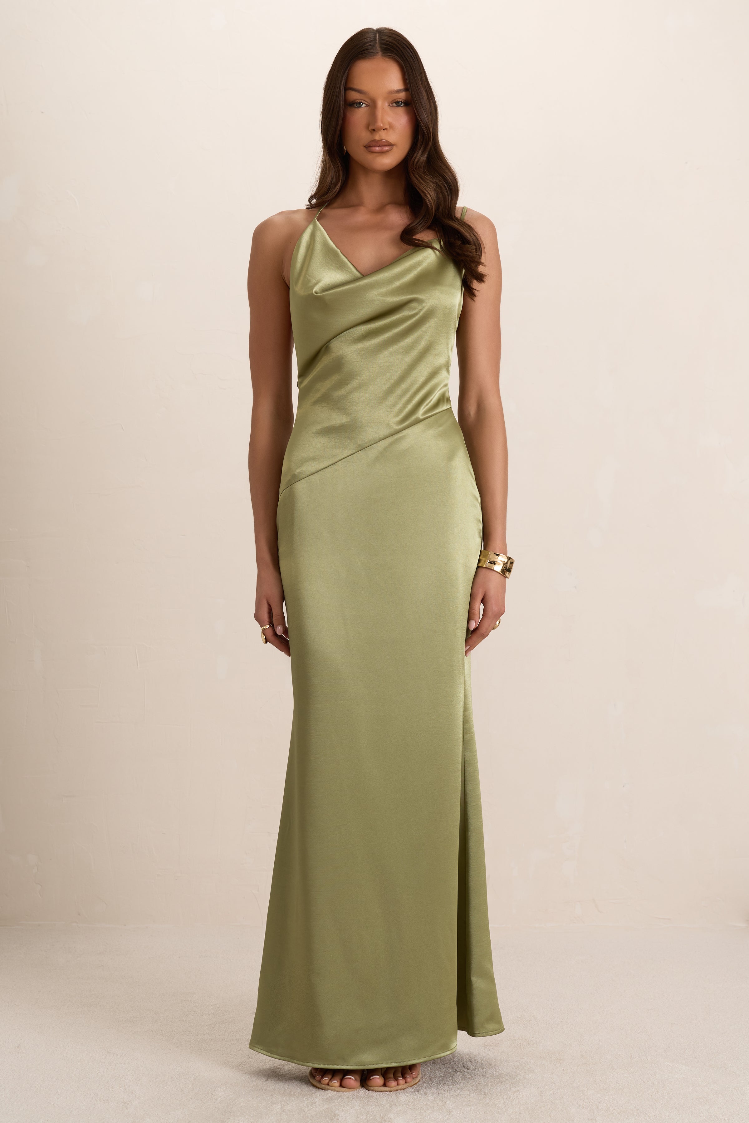 Green Satin Asymmetrical Cowl Seam Maxi Dress | DRESSES