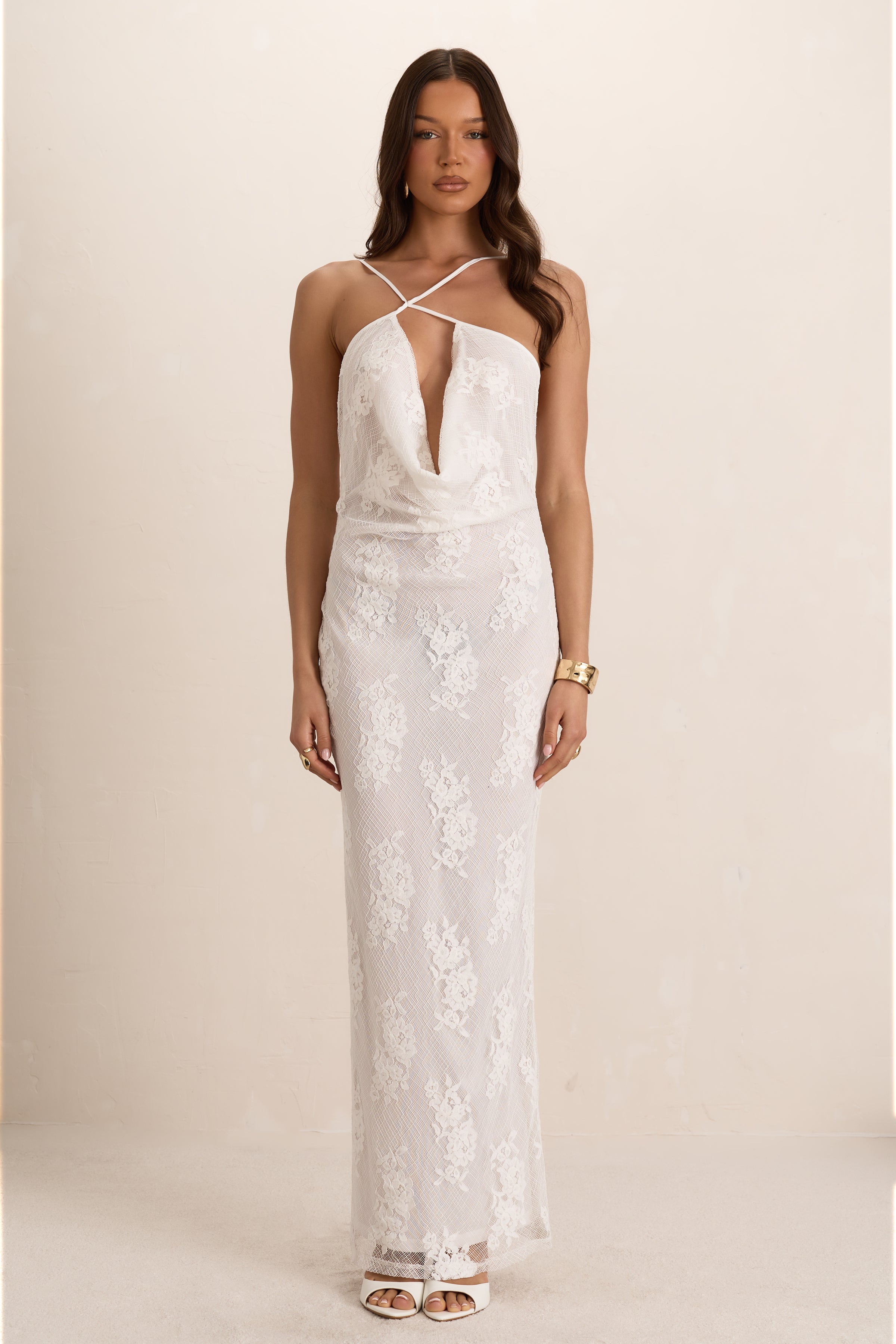 White Lace Cowl Maxi Dress
