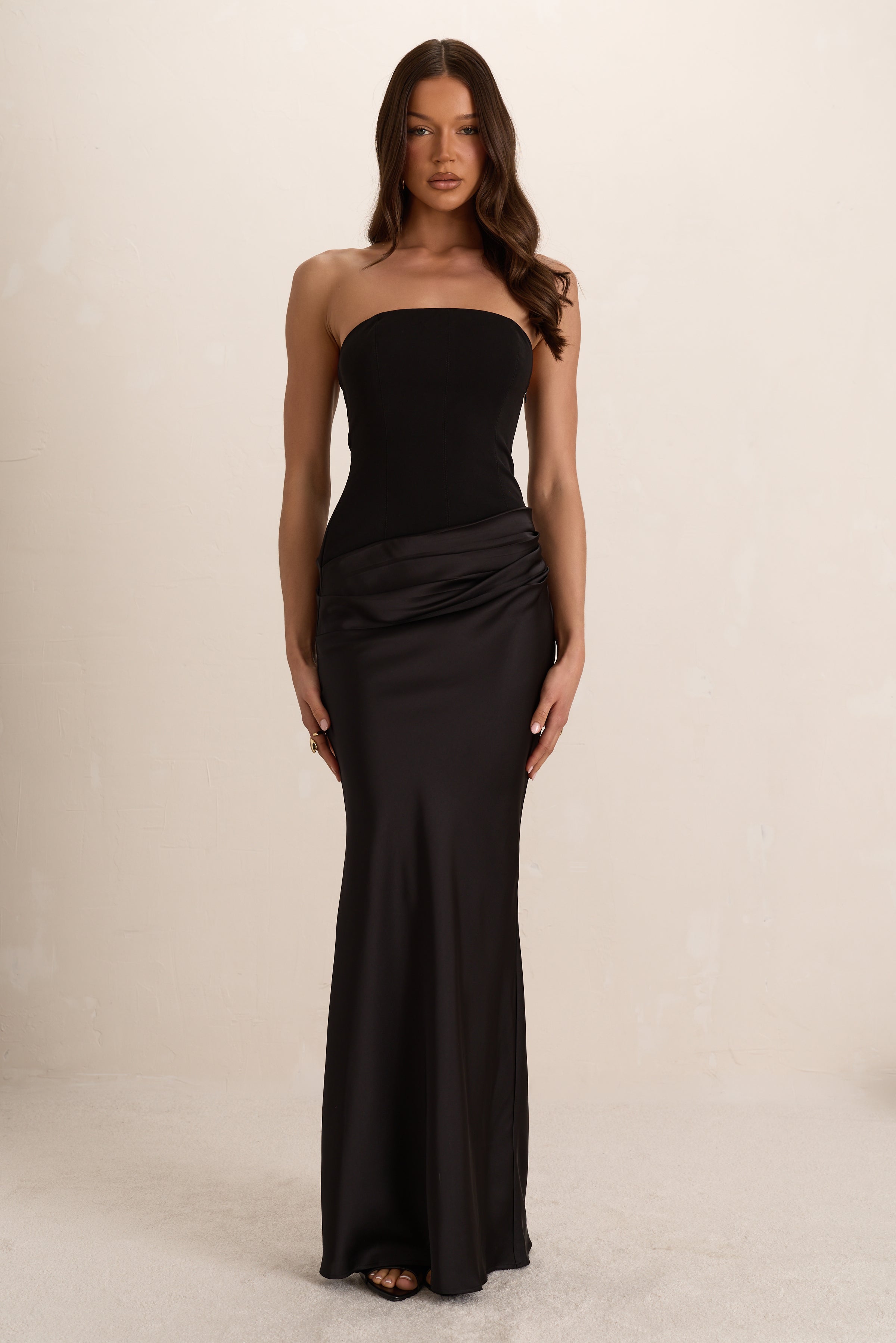 Black Woven Corset Top Pleated Satin Maxi Dress