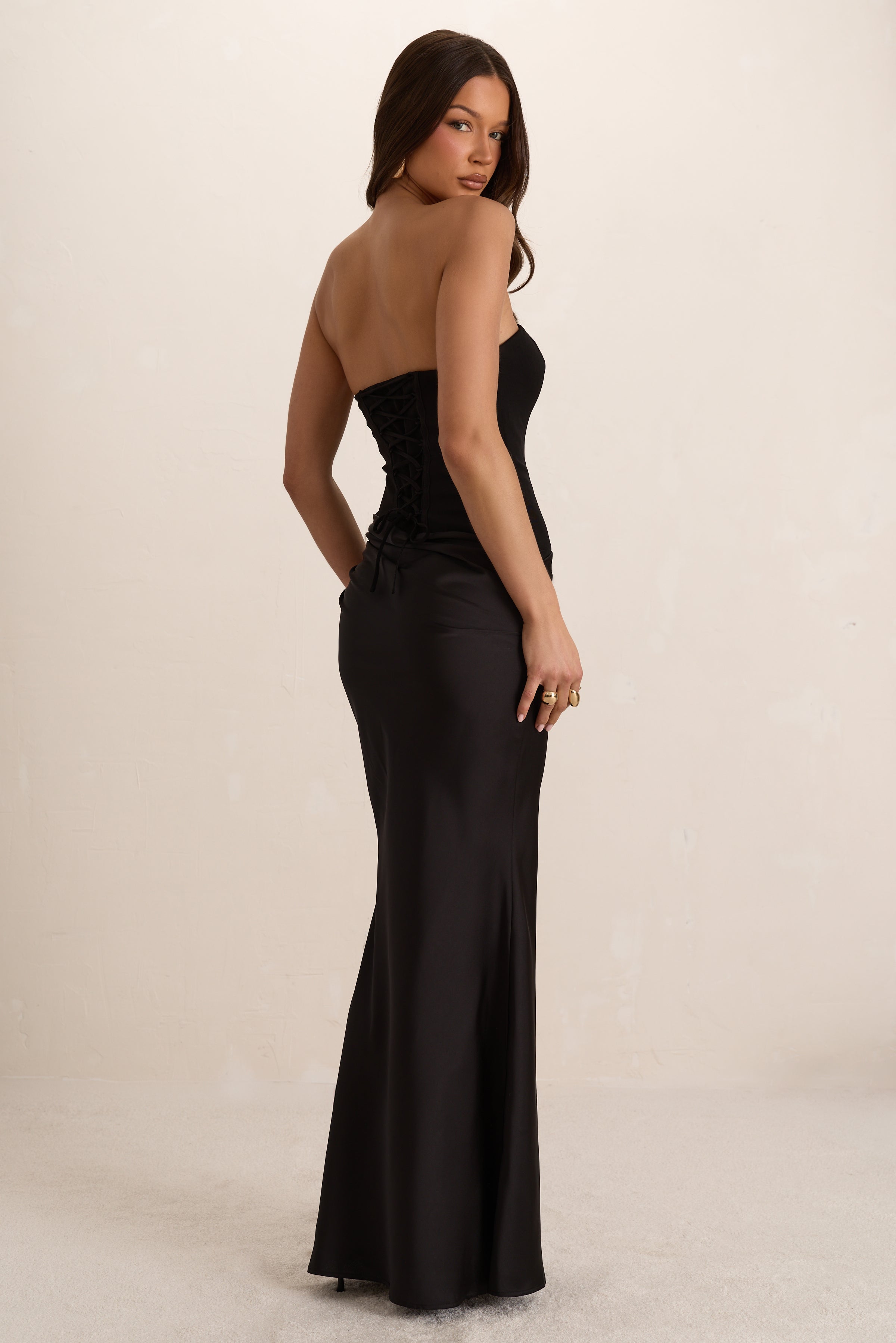 Black Woven Corset Top Pleated Satin Maxi Dress
