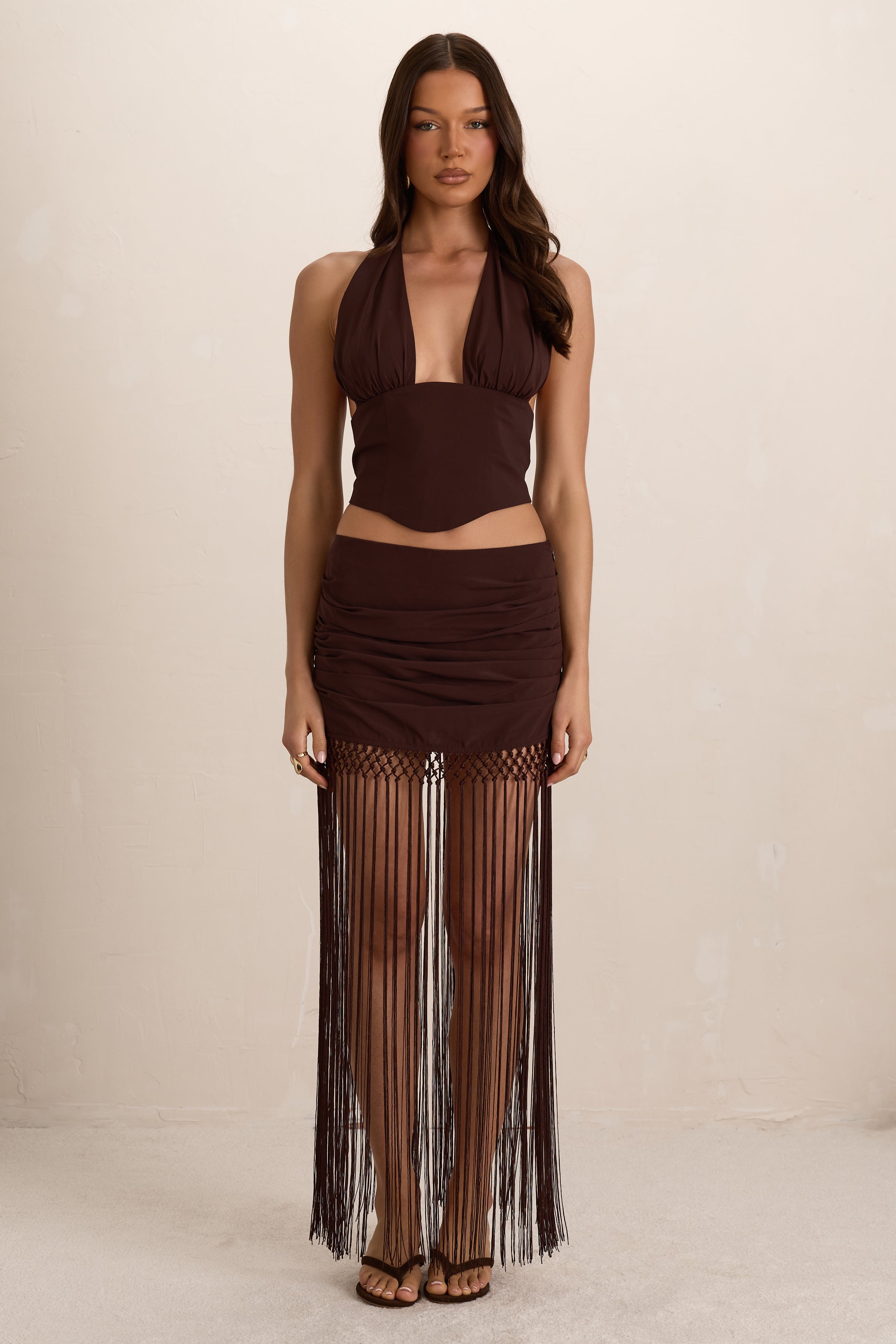 Chocolate Chiffon Ruched Tassel Maxi Skirt