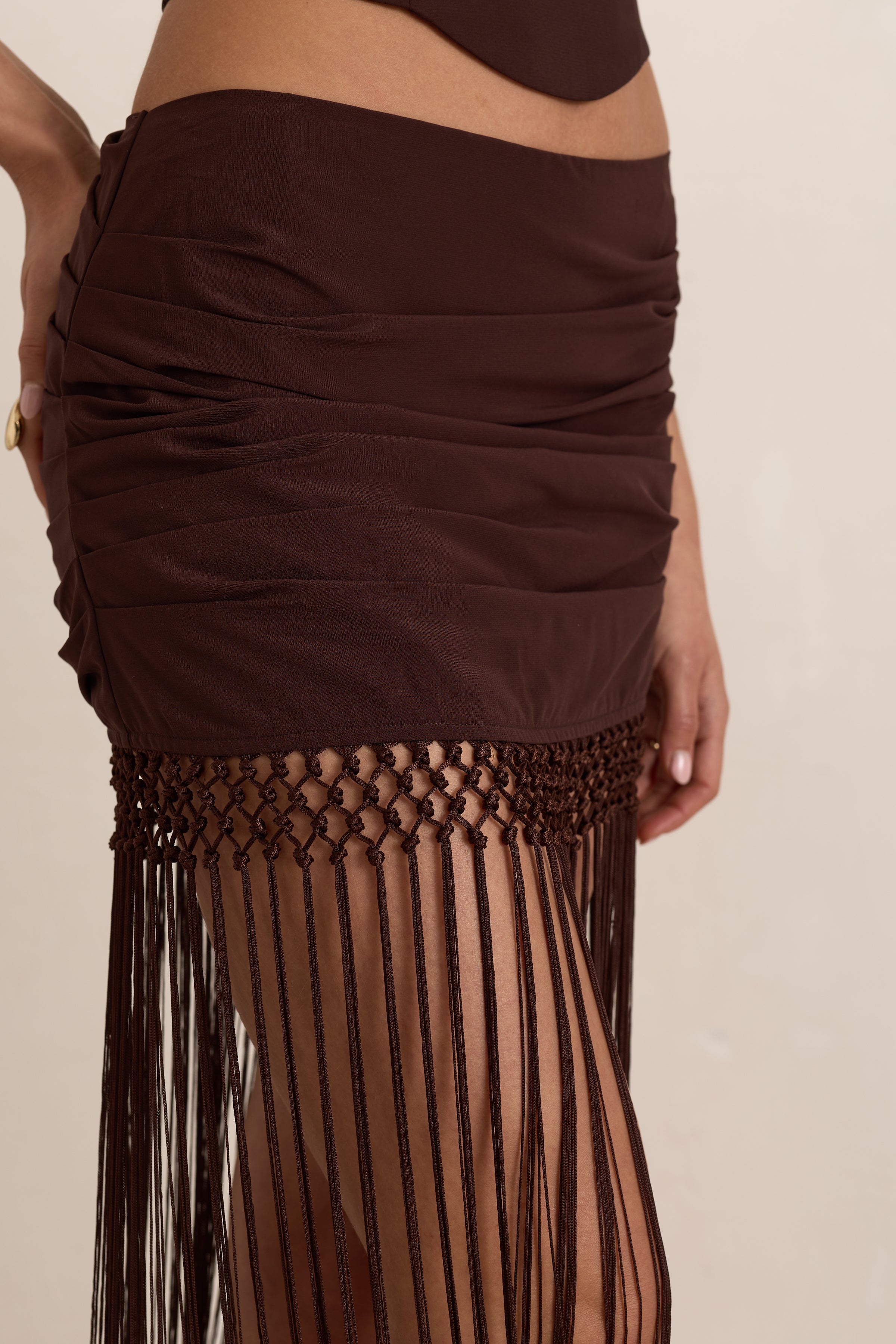 Chocolate Chiffon Ruched Tassel Maxi Skirt