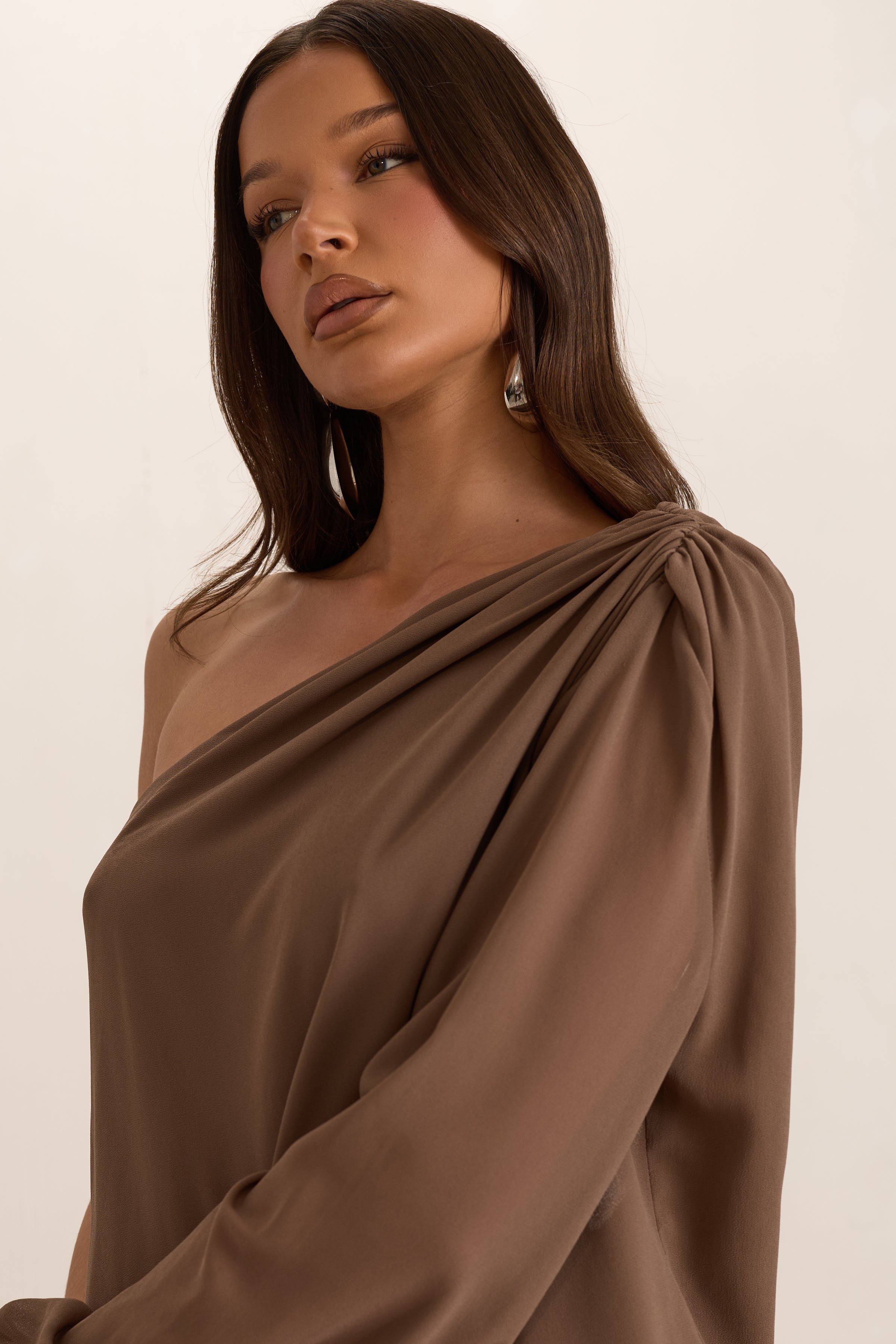 Brown Chiffon Open Back Ruched Puff Ball Mini Dress