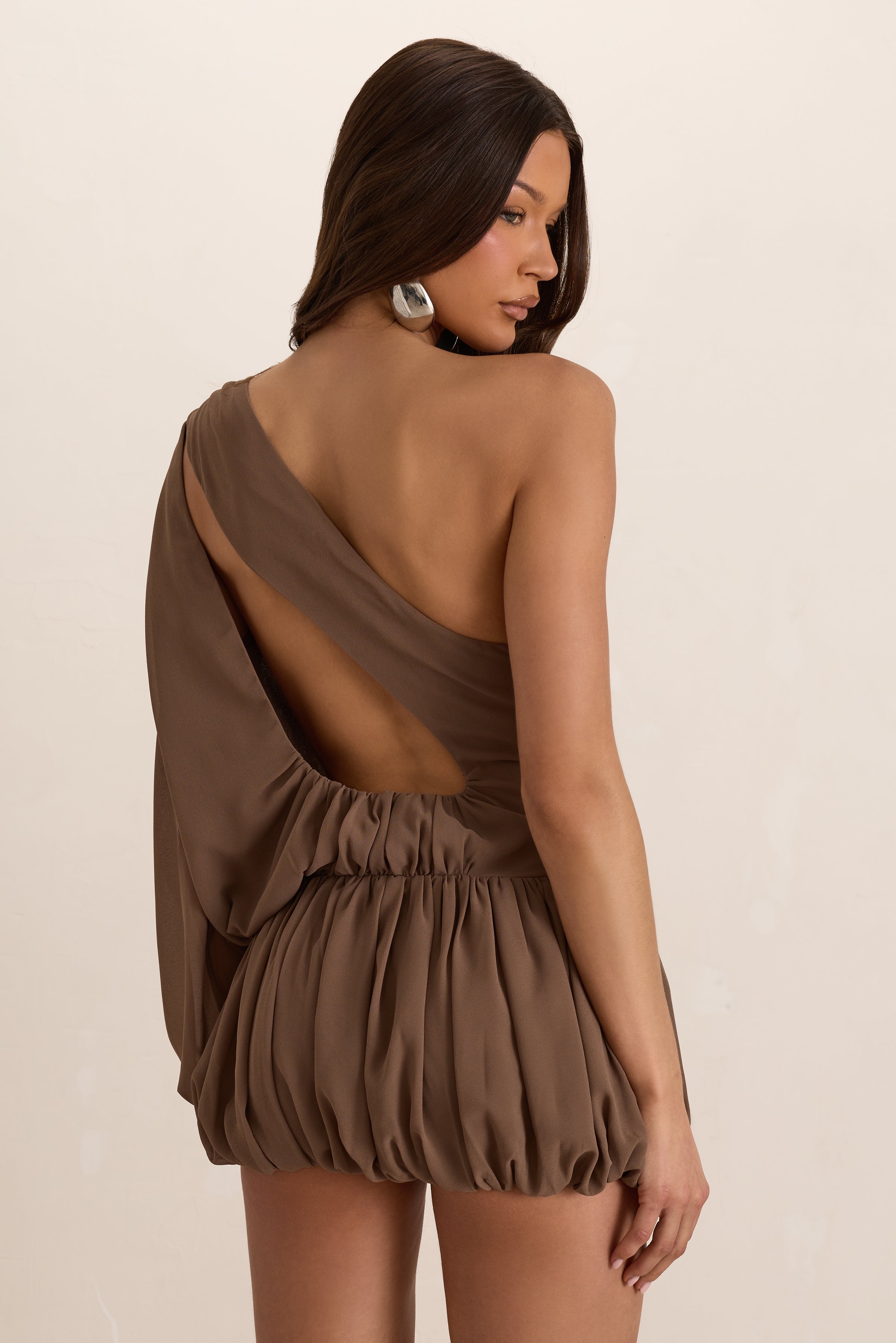 Brown Chiffon Open Back Ruched Puff Ball Mini Dress