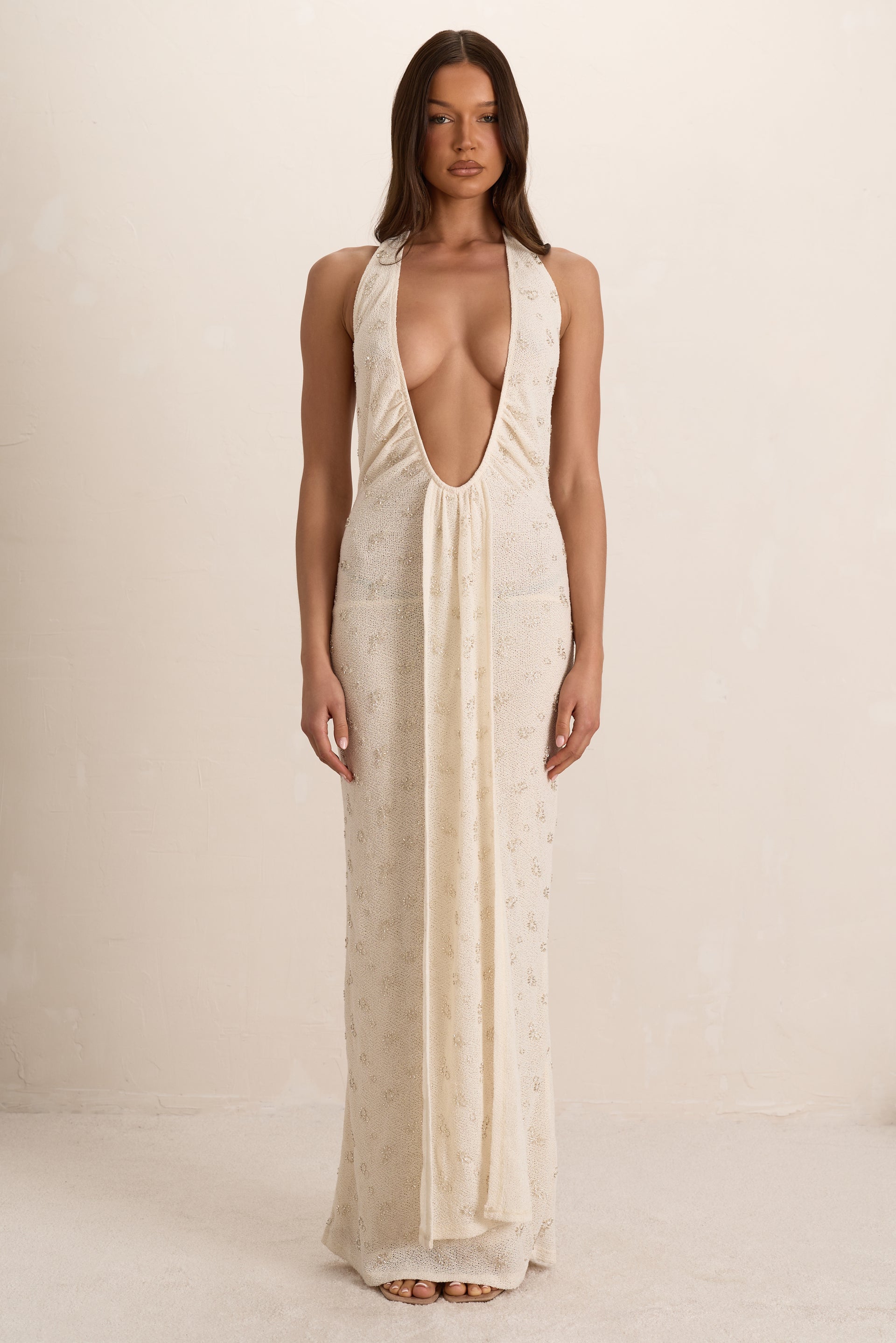 Cream Embellished Knit Plunge Drape Maxi Dress | DRESSES