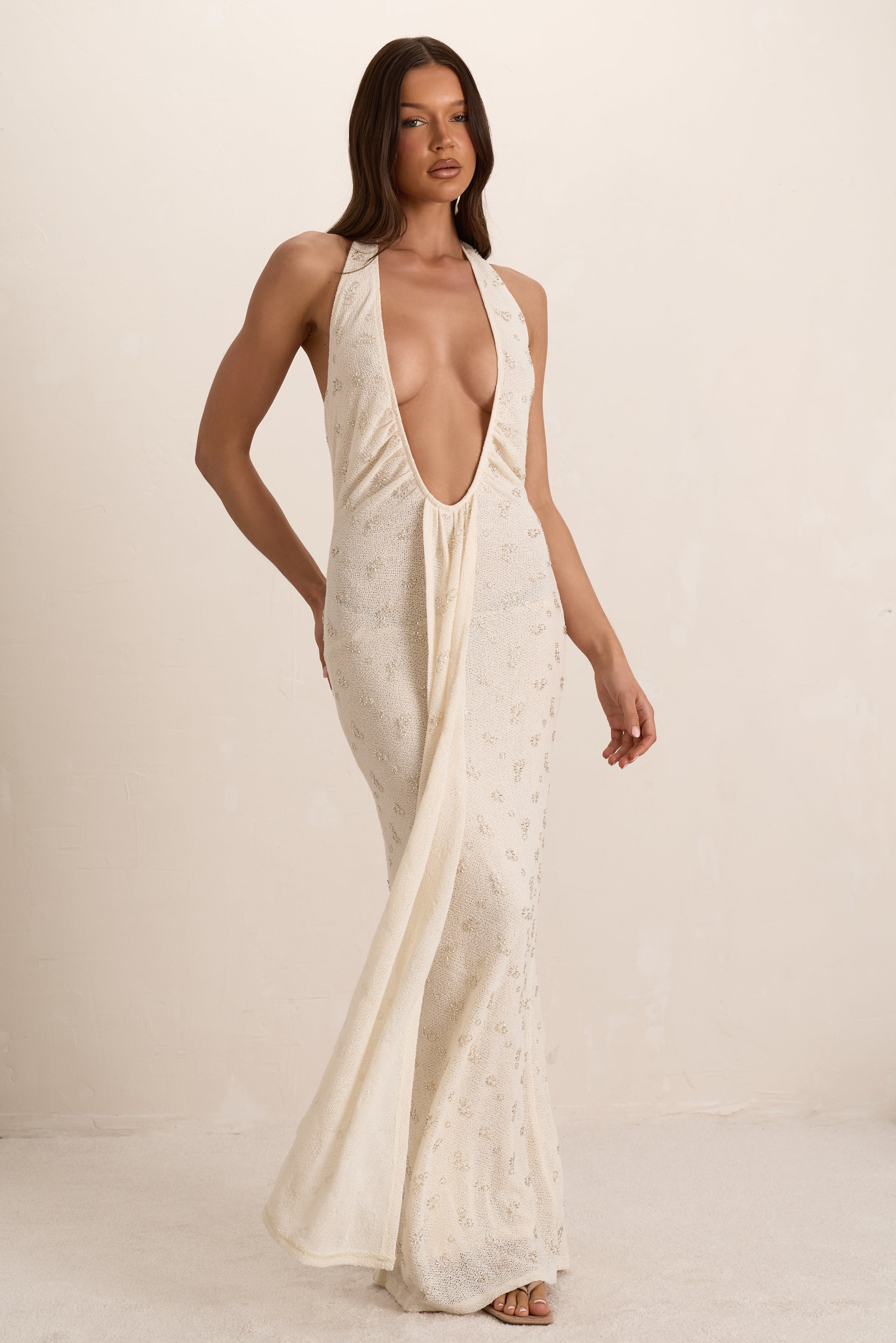 Cream Embellished Knit Plunge Drape Maxi Dress