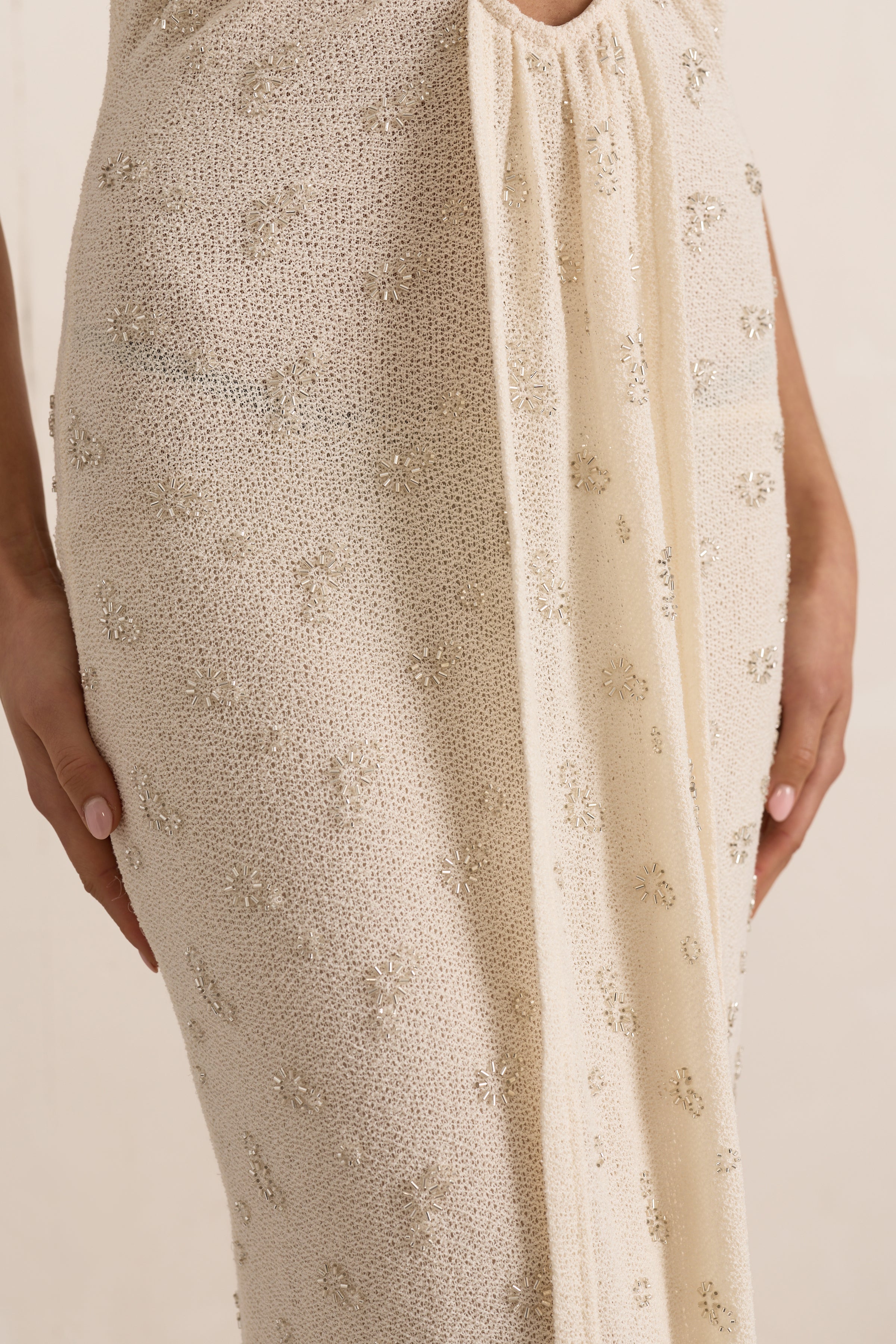 Cream Embellished Knit Plunge Drape Maxi Dress