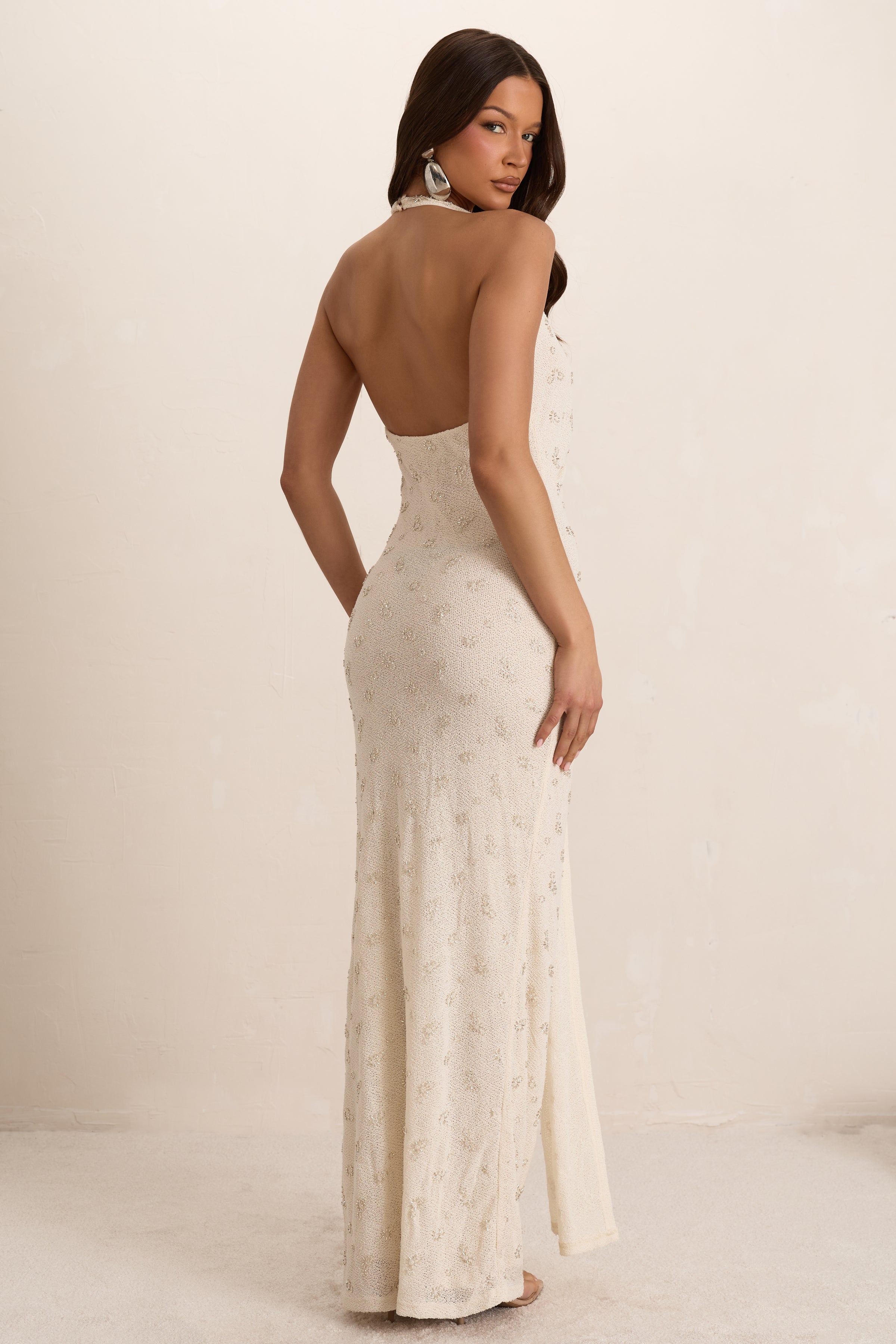 Cream Embellished Knit Plunge Drape Maxi Dress