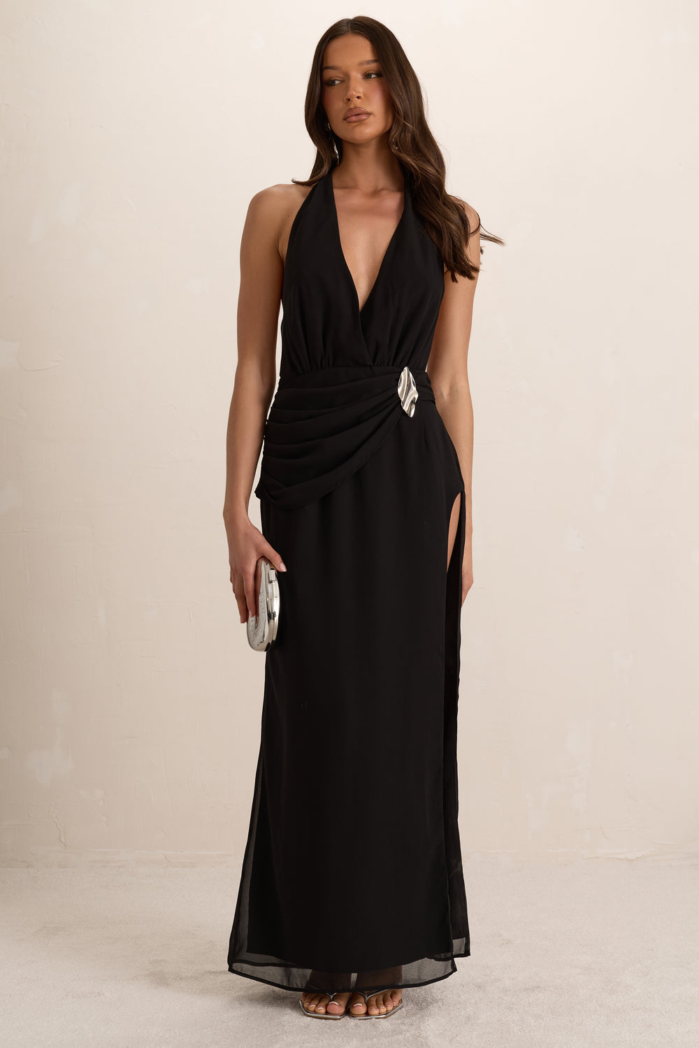Black Plunge Silver Trim Maxi Dress