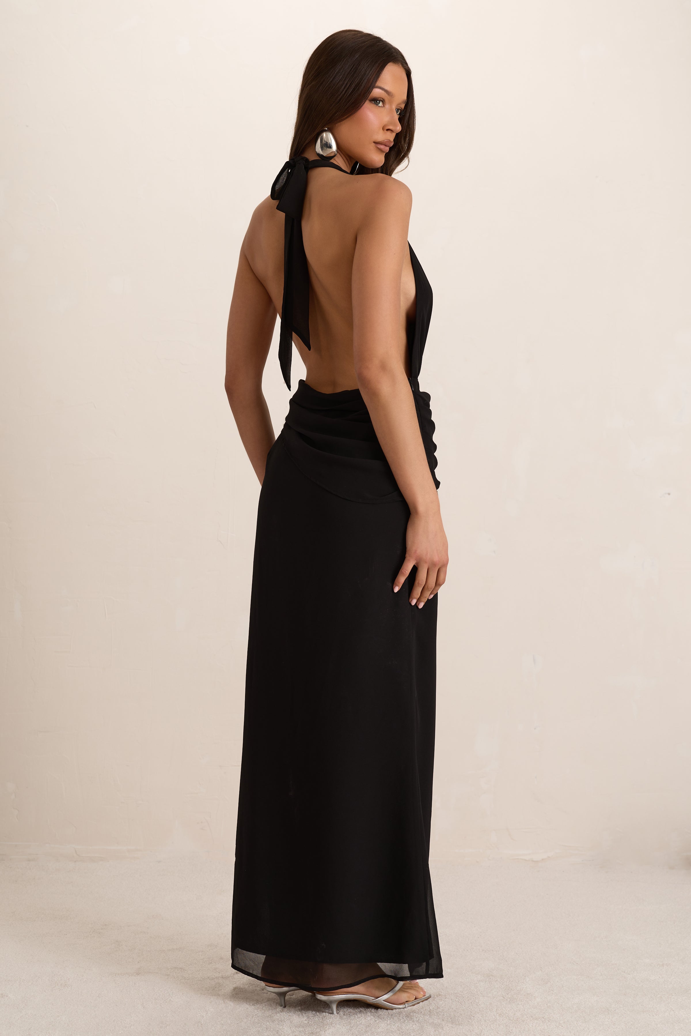 Black Plunge Silver Trim Maxi Dress