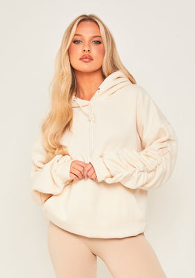 Chrissa Beige Oversized Ruched Sleeve Hoodie