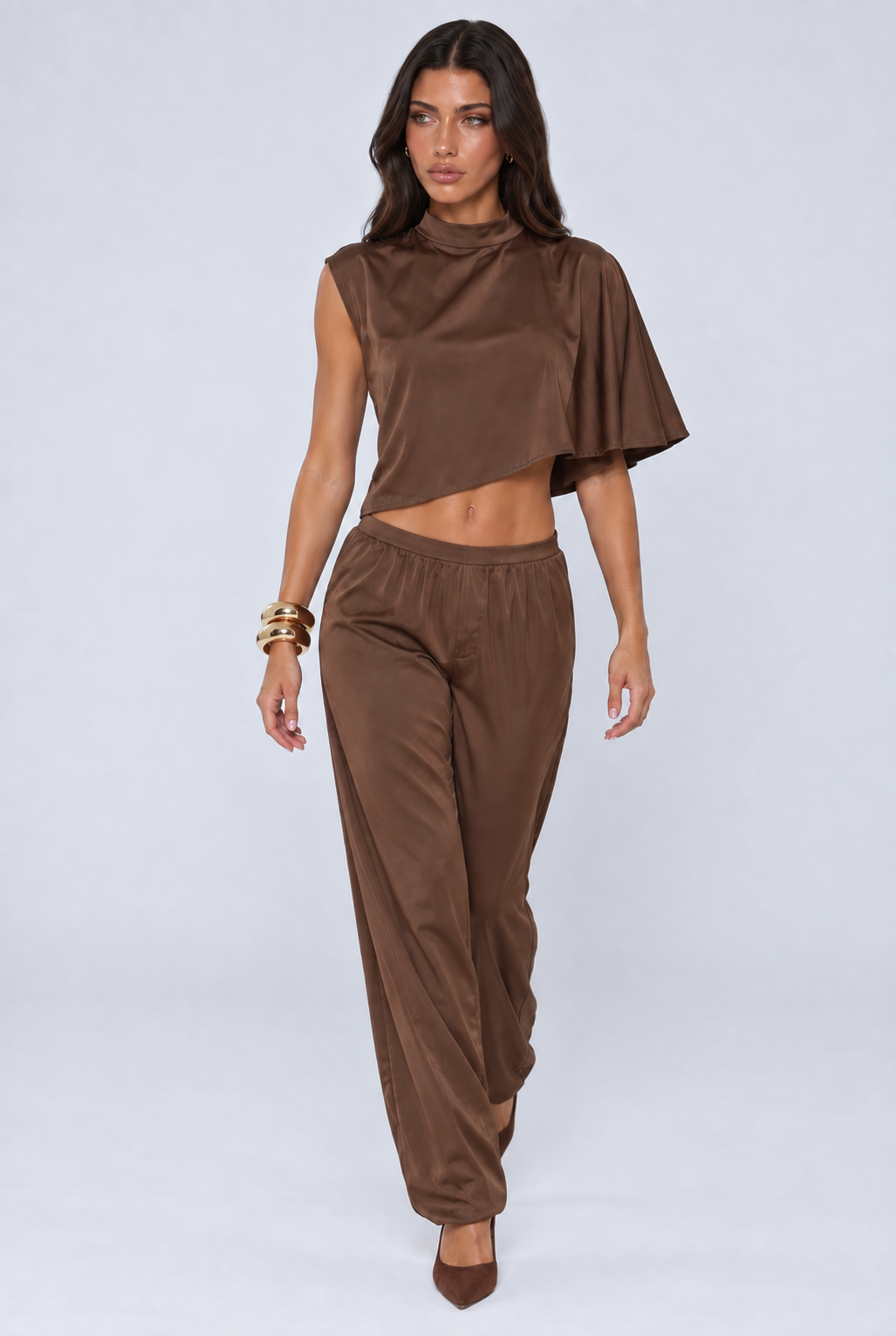 Chocolate Satin One Shoulder Top