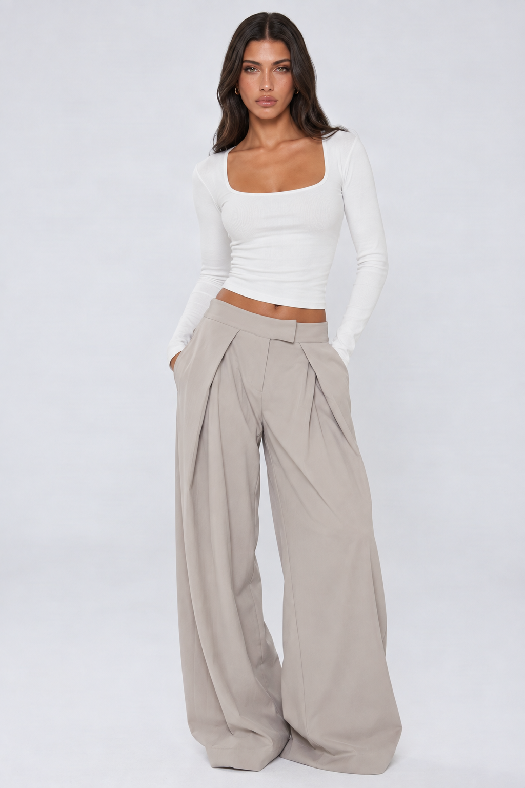 Mushroom Pleated Wide Leg Trousers