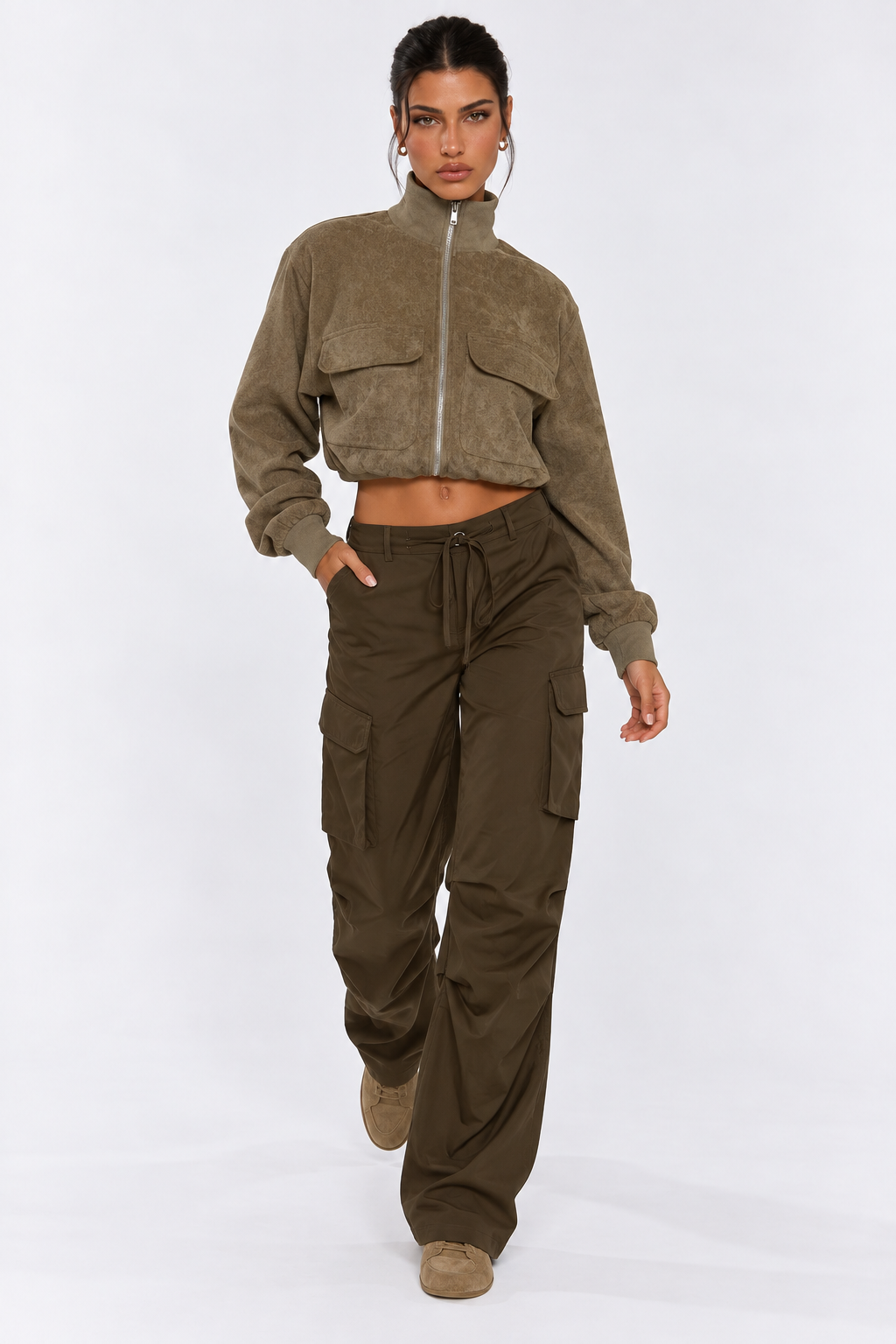 Khaki Faux Suede Bomber Jacket
