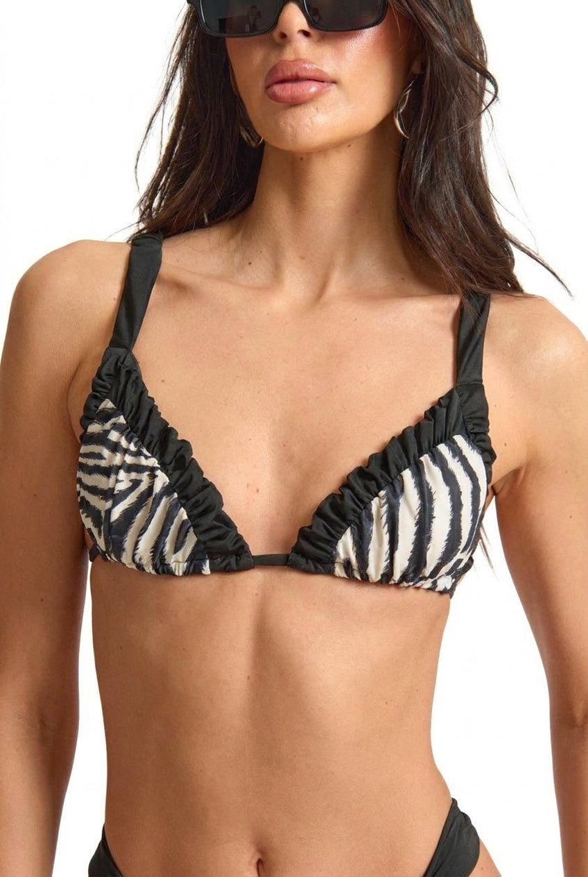 Zebra Print Ruched Bikini Contrast Top
