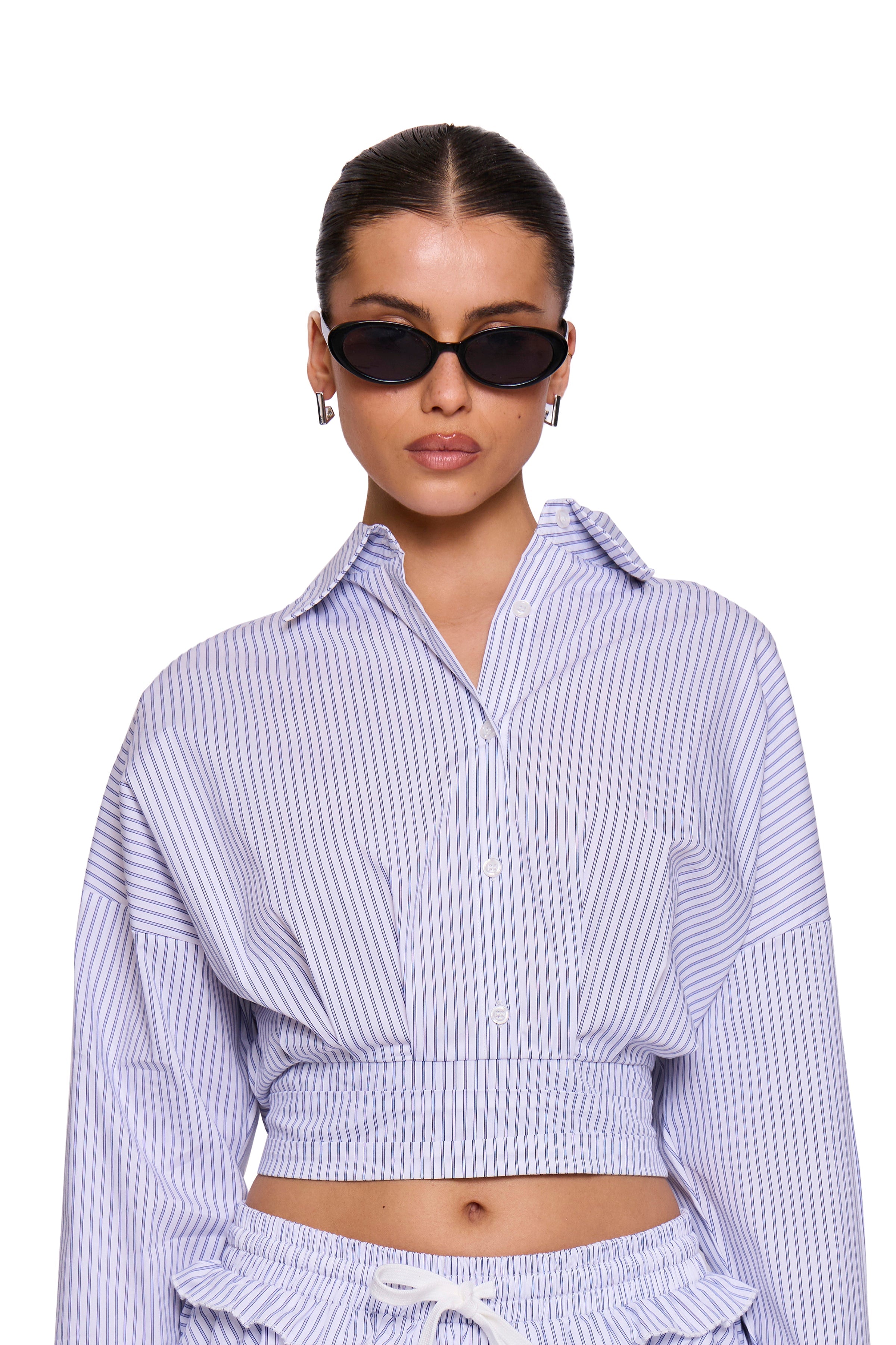 Blue Pinstripe Cropped Shirt | CO-ORDS | MISSY EMPIRE