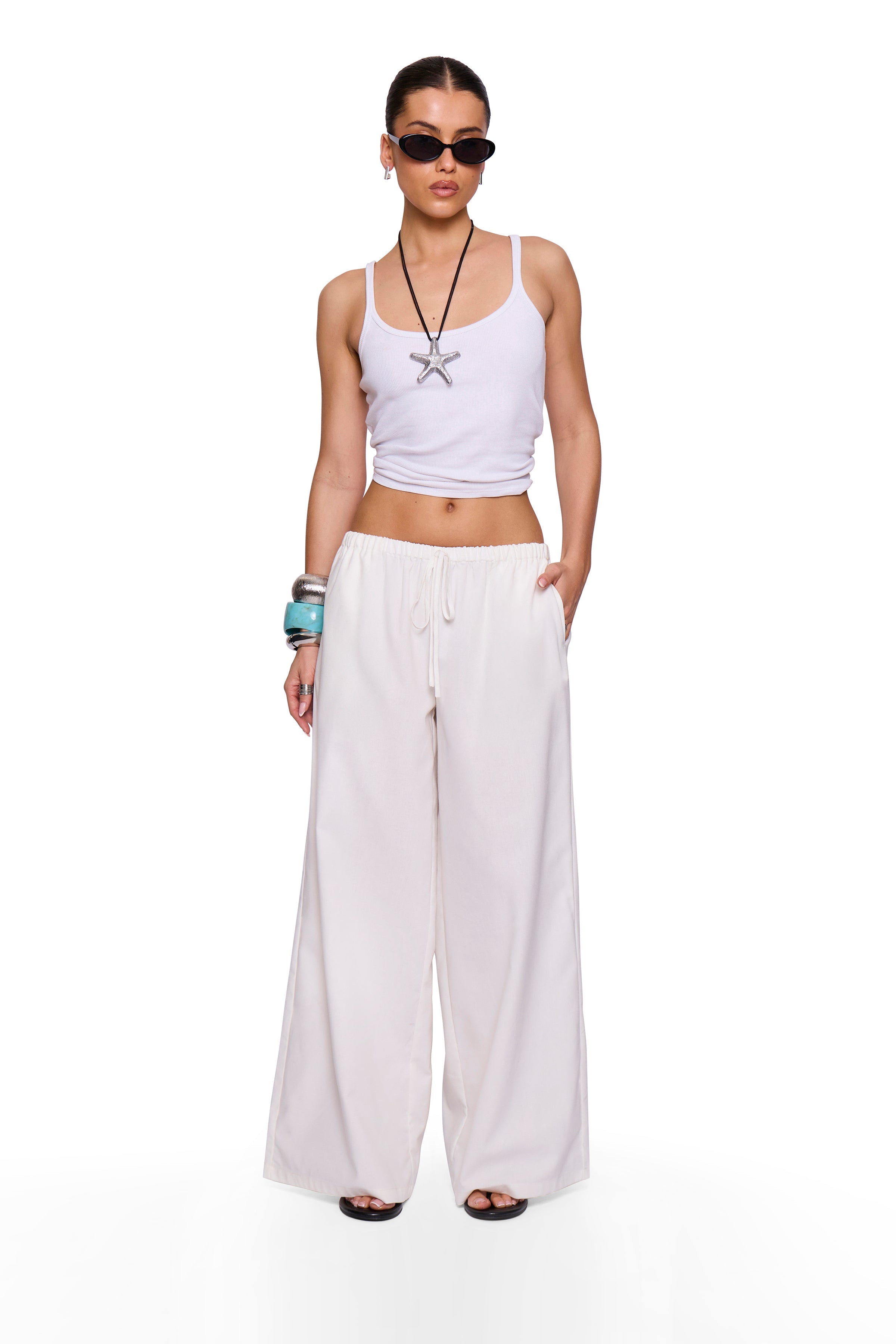 White Linen Blend Wide Trouser