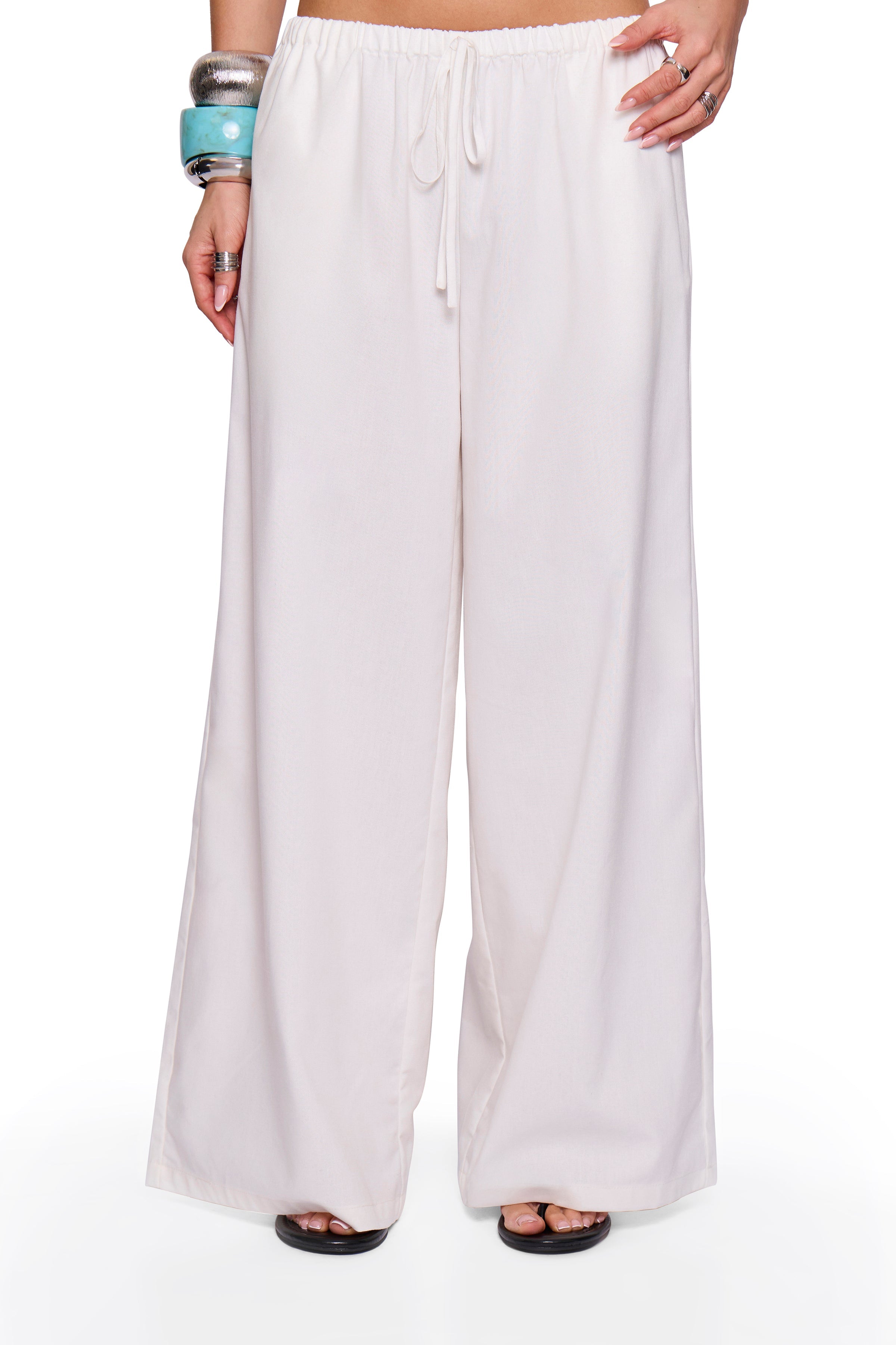 White Linen Blend Wide Trouser