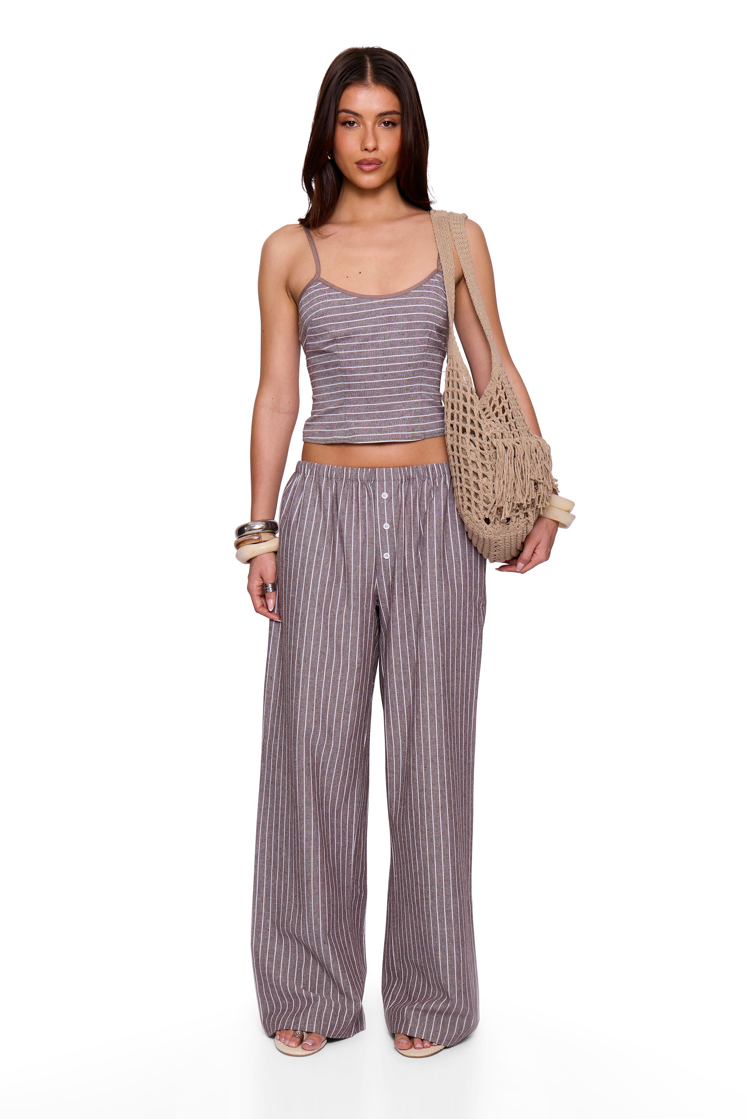 Brown Pinstripe Button Wide Trouser