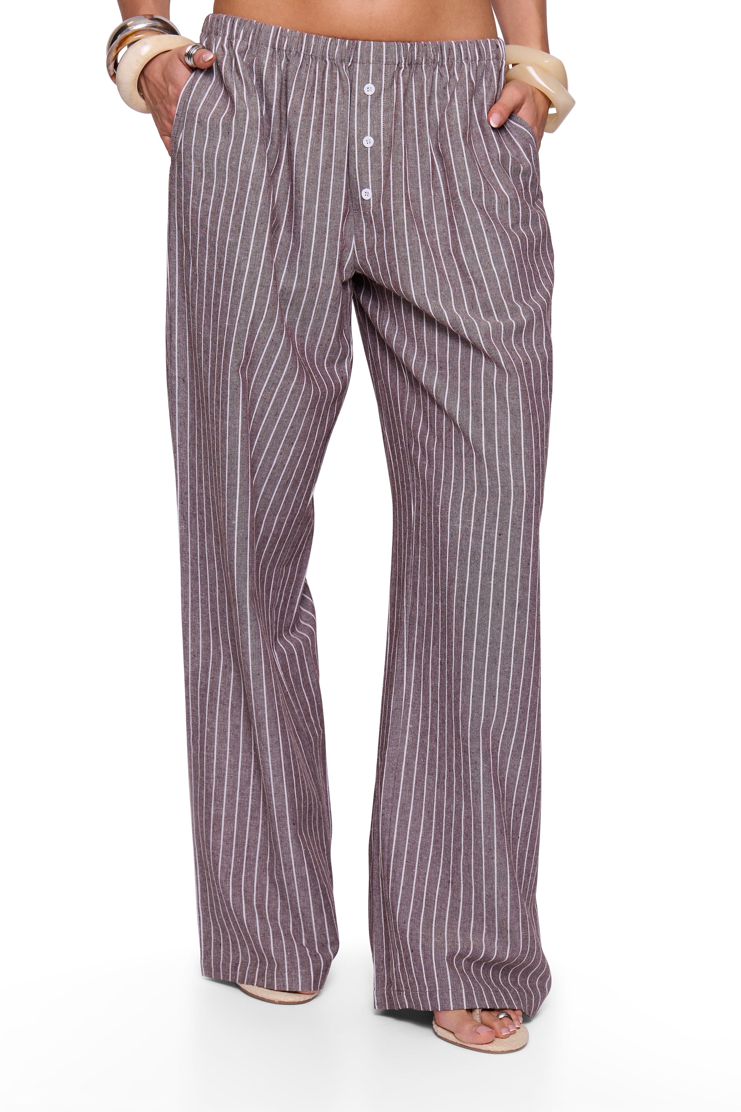 Brown Pinstripe Button Wide Trouser