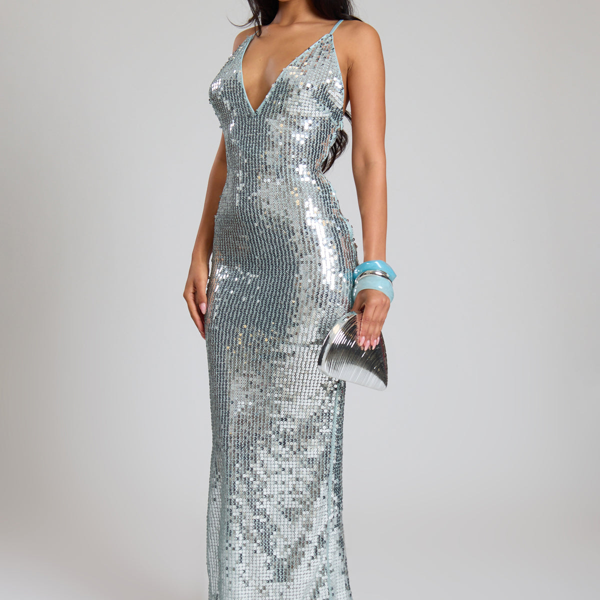 silver sequin plunge dress Strappy Plunge Front Low Back Maxi Dress In Silver Sequin | EGO US