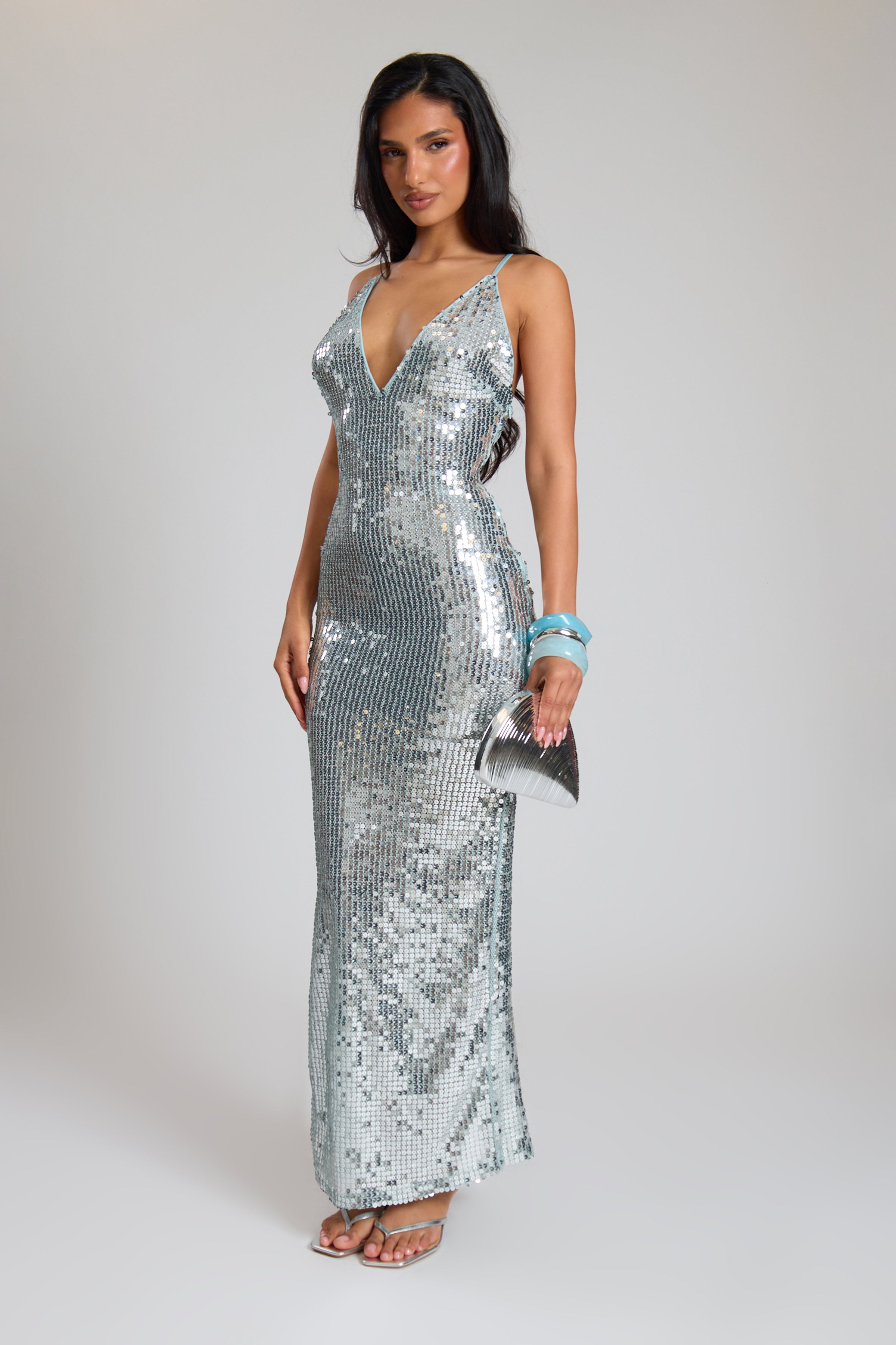 Sky Blue Sequin Plunge Low Back Maxi Dress