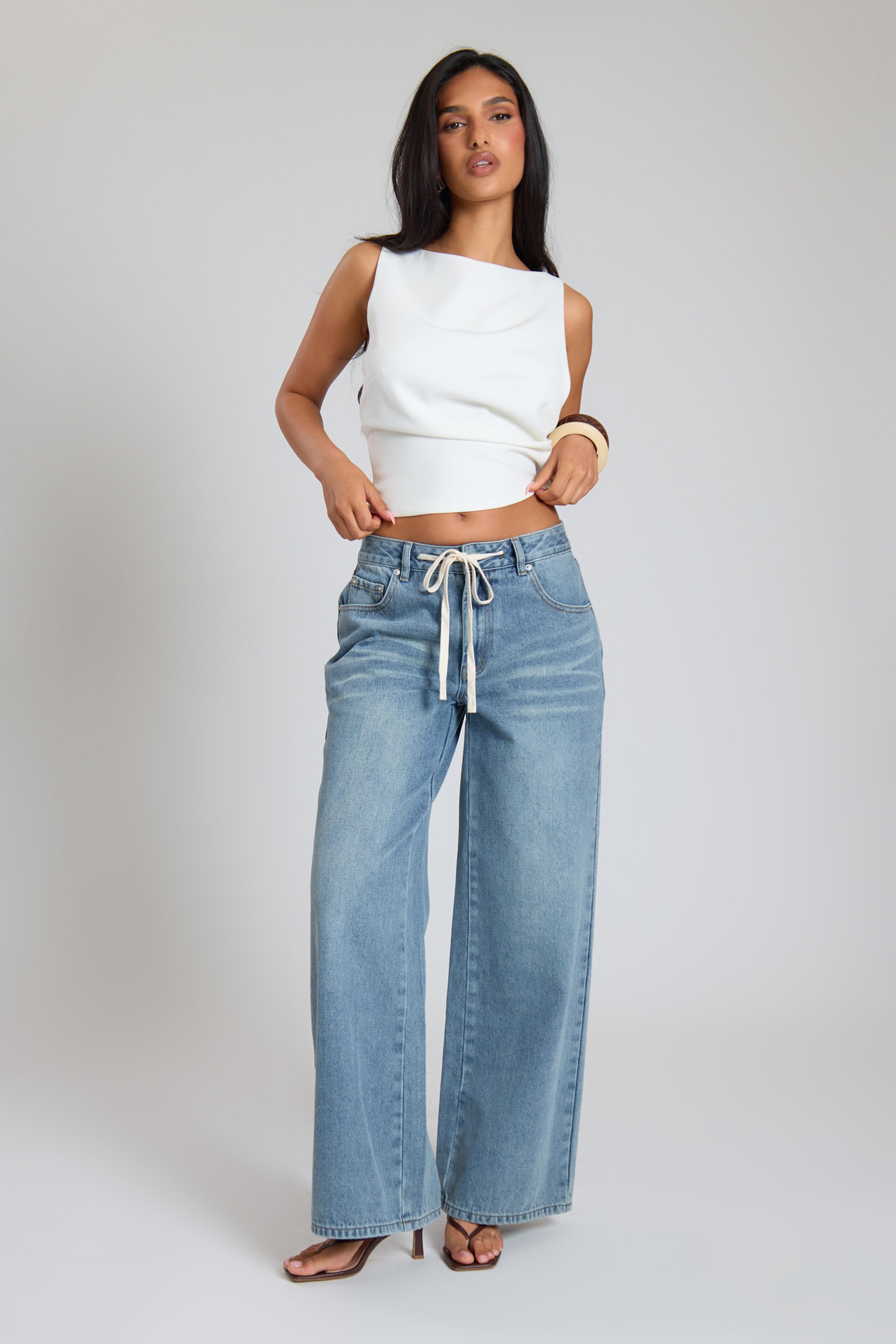 Light Vintage Wash Denim Drawstring Wide Leg Jean