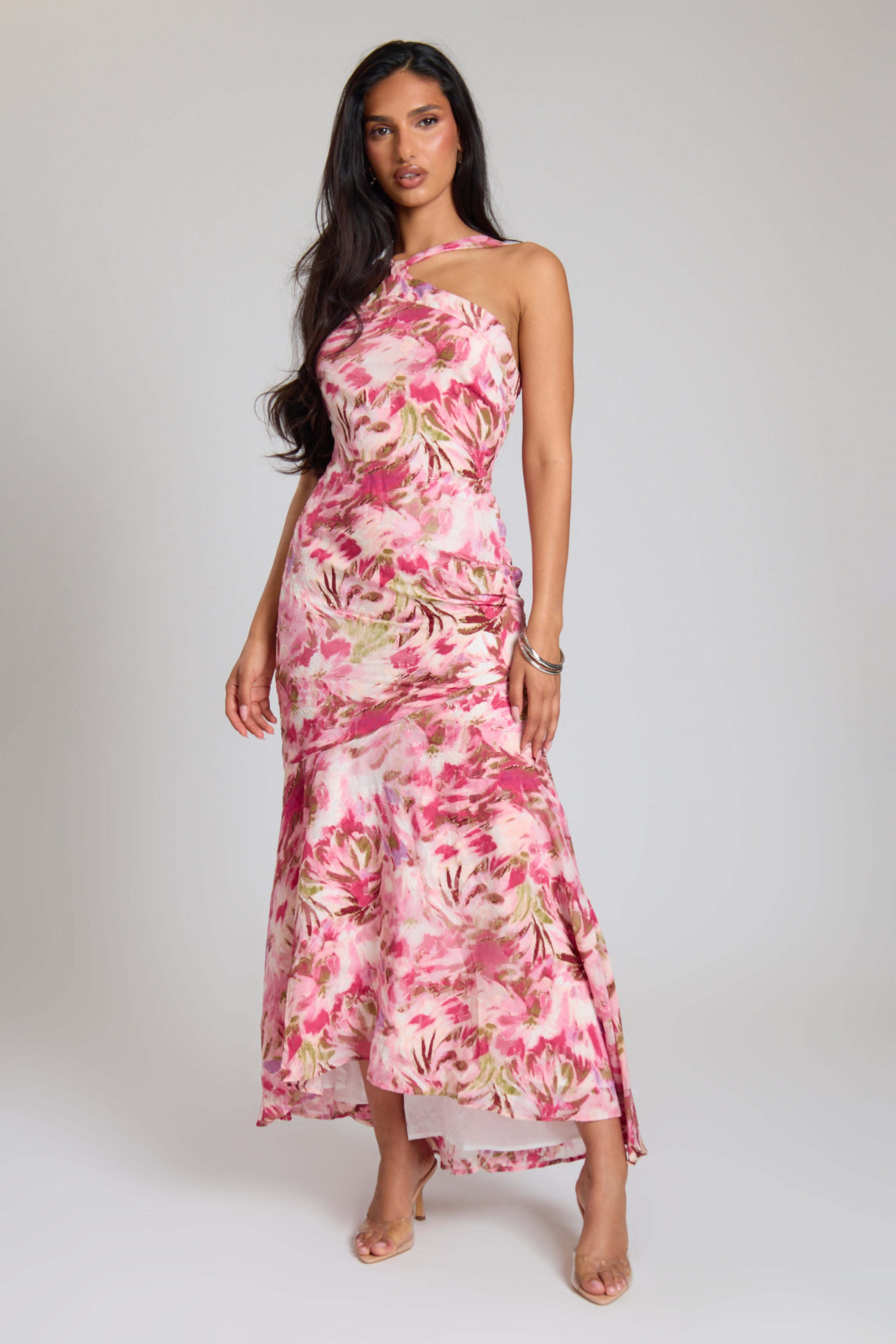 Pink Textured Floral Floaty Midi Dress