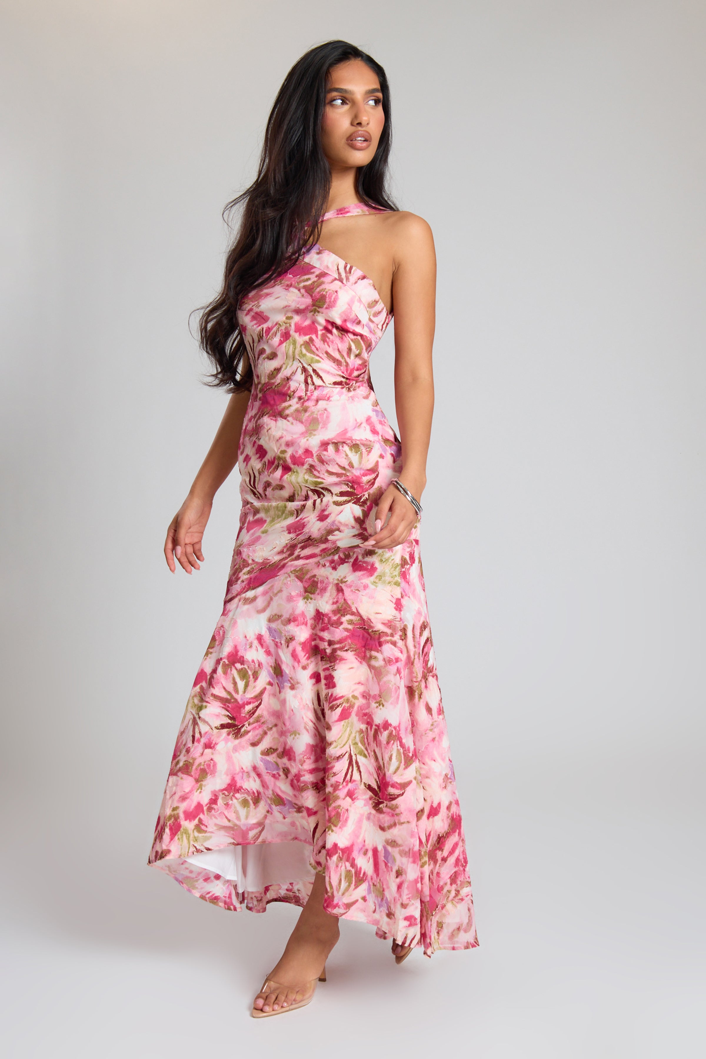 Pink Textured Floral Floaty Midi Dress