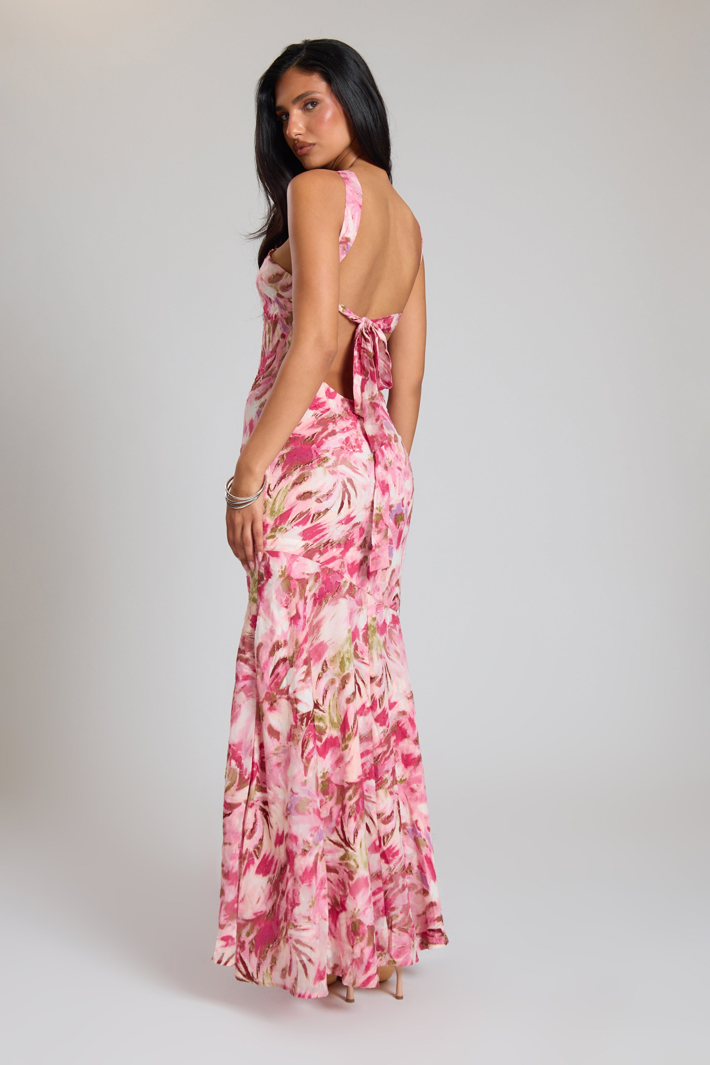 Pink Textured Floral Floaty Midi Dress